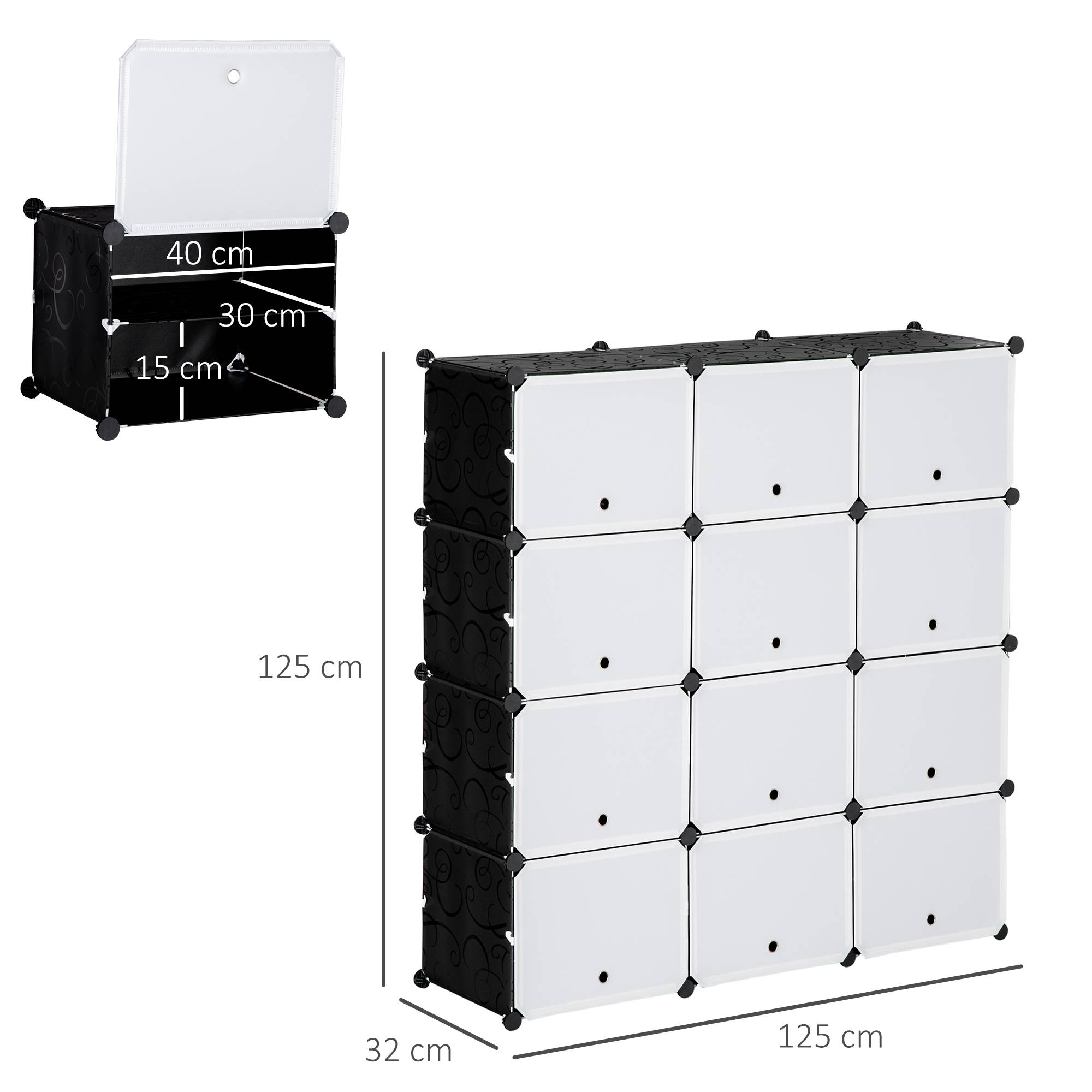Système d'étagères modulaires, étagère à emboîter, composée de 12 cubes de 125 x 32 x 125 cm, plastique et acier noir. - Image 5