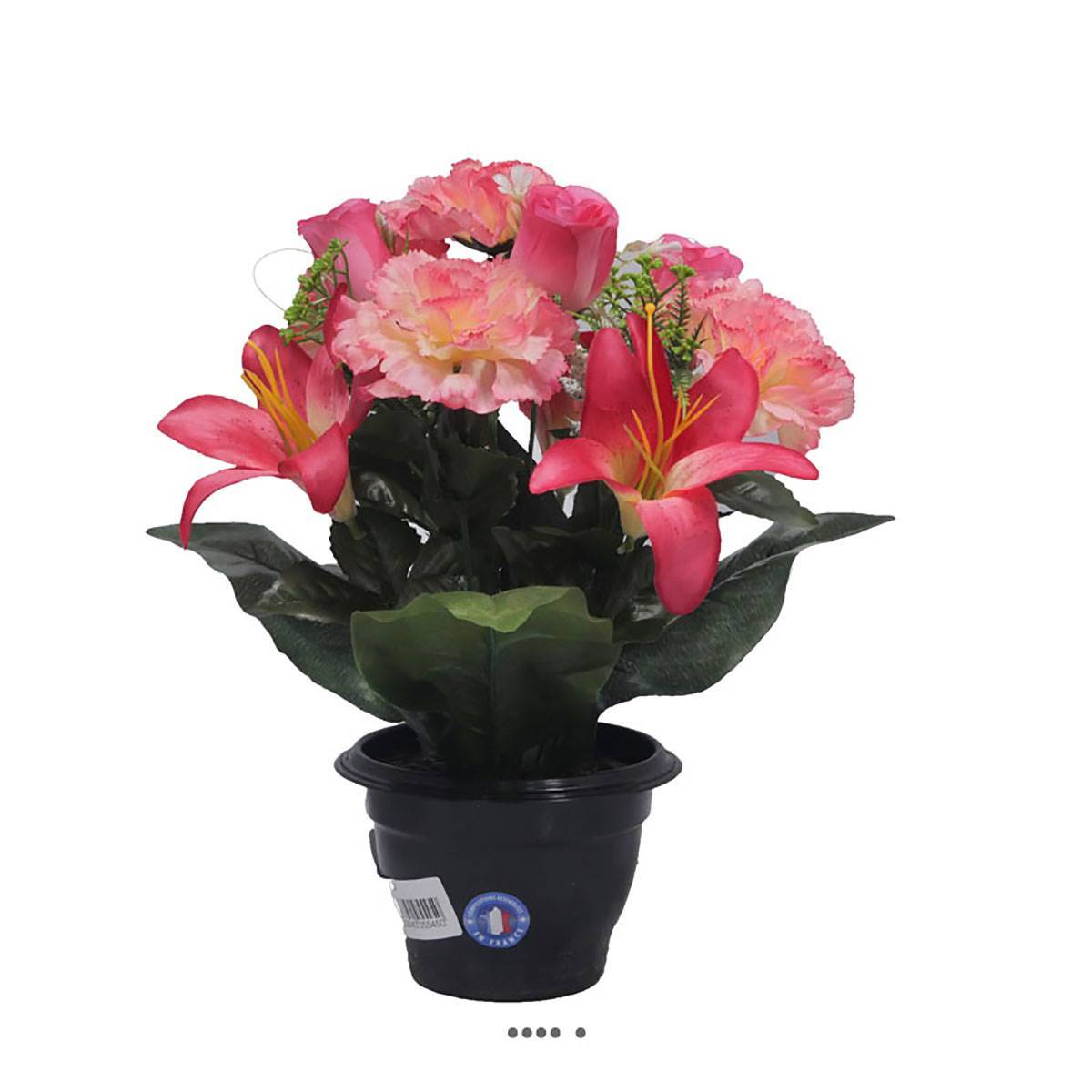 Artificielles - Pot fleurs artificielles pour le cimetière oeillets et lys Rose soutenu - couleur: Rose soutenu - Imagen 2