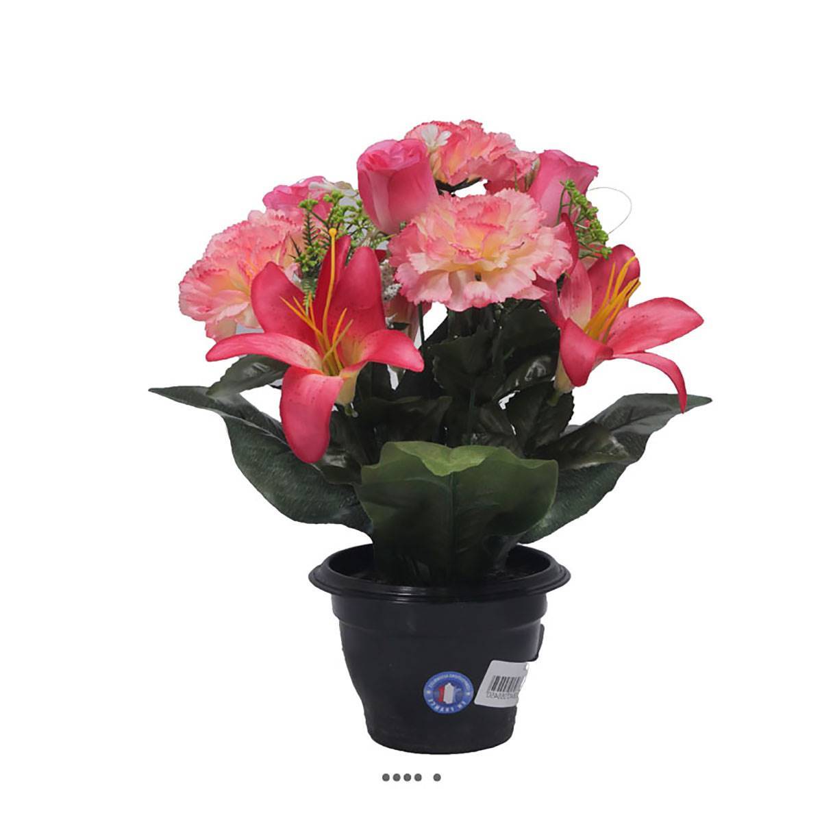 Artificielles - Pot fleurs artificielles pour le cimetière oeillets et lys Rose soutenu - couleur: Rose soutenu - Imagen 1