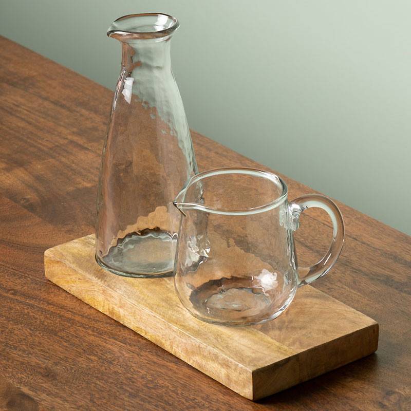 Duo Huilier et Vinaigrier en Verre sur Plateau en Bois de Manguier 19x11x22cm - Image 1