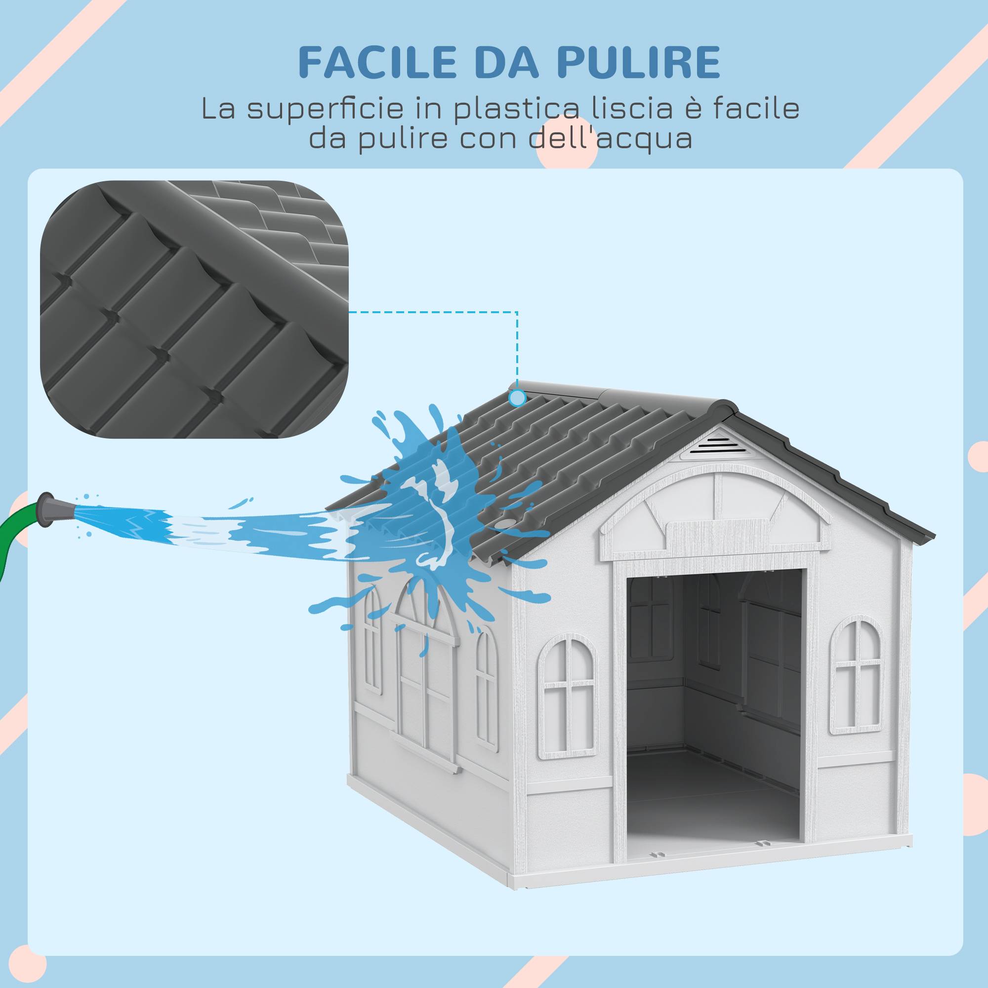 Niche pour chien PP étanche, toit incliné, porte d'entrée, 65x75.7x63 cm, gris - Image 7