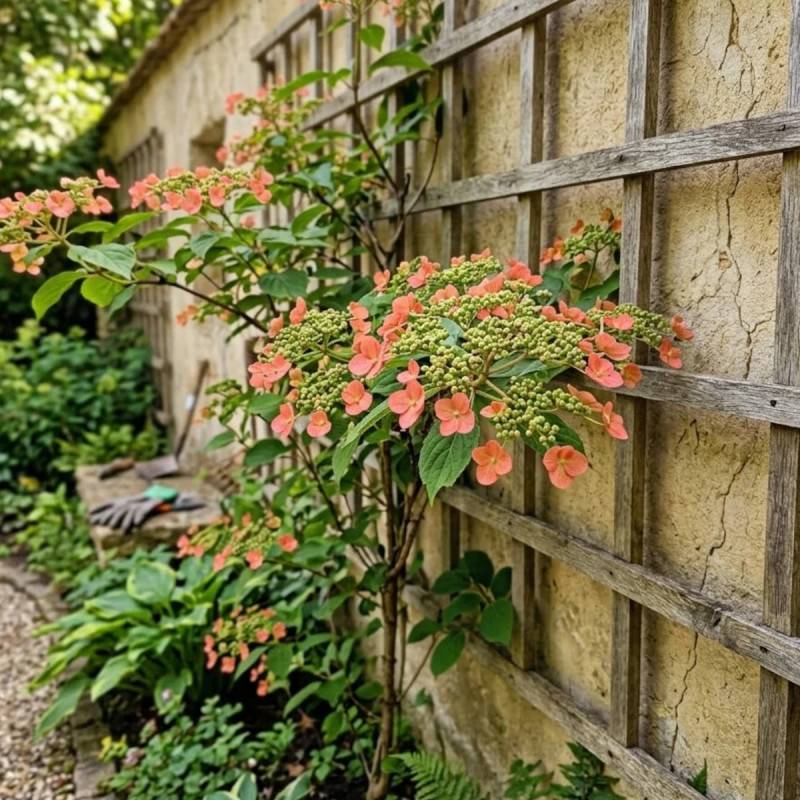Hortensia grimpant Crug Coral à fleurs Blanche - feuillage Semi-Persistant - Pot de 1,5L - Tuteur bambou 30/60 cm-  hauteur à maturité De 1,00 m à 1,5 - Imagen 2