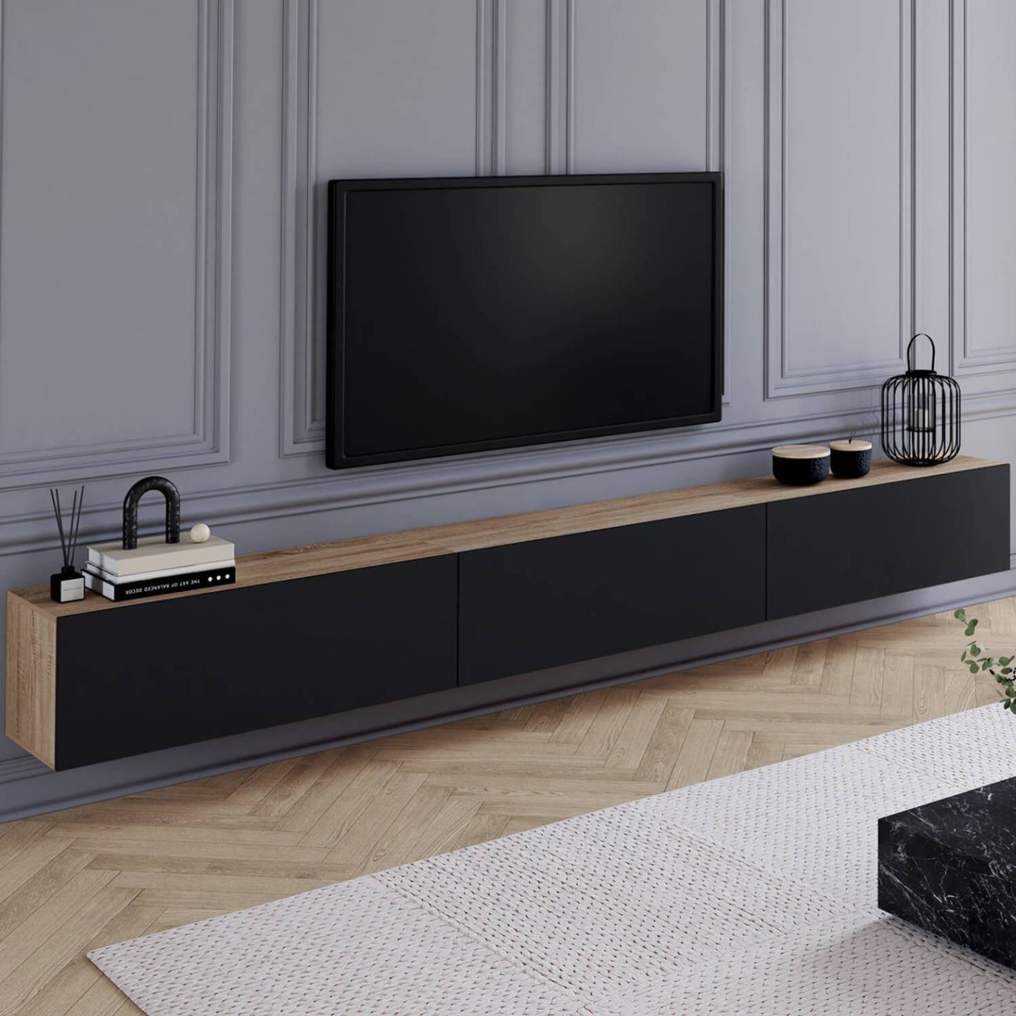 Meuble TV 270 cm suspendu ELIO 3 portes bois et noir - Image 1