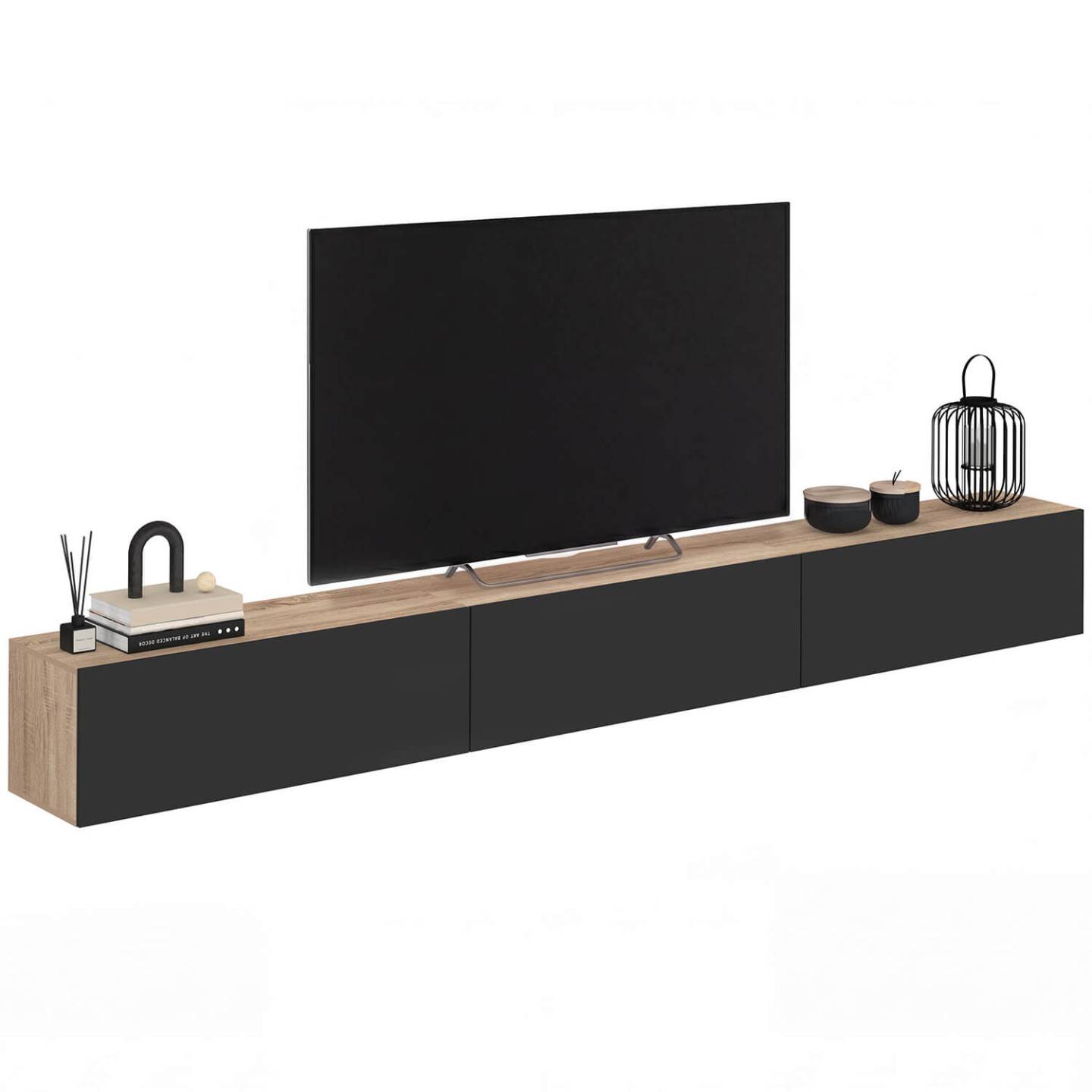 Meuble TV 270 cm suspendu ELIO 3 portes bois et noir - Image 2