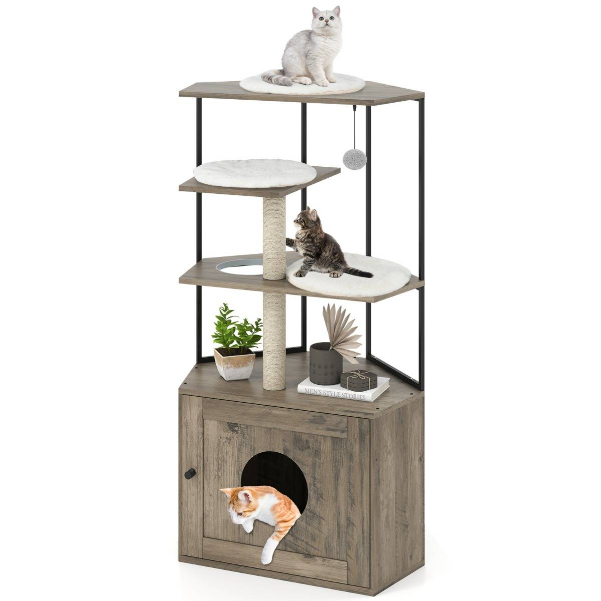 Arbre à Chat avec Enclos pour Litière Meuble Moderne pour Chat avec 2 Poteaux à Gratter et 3 Tapis