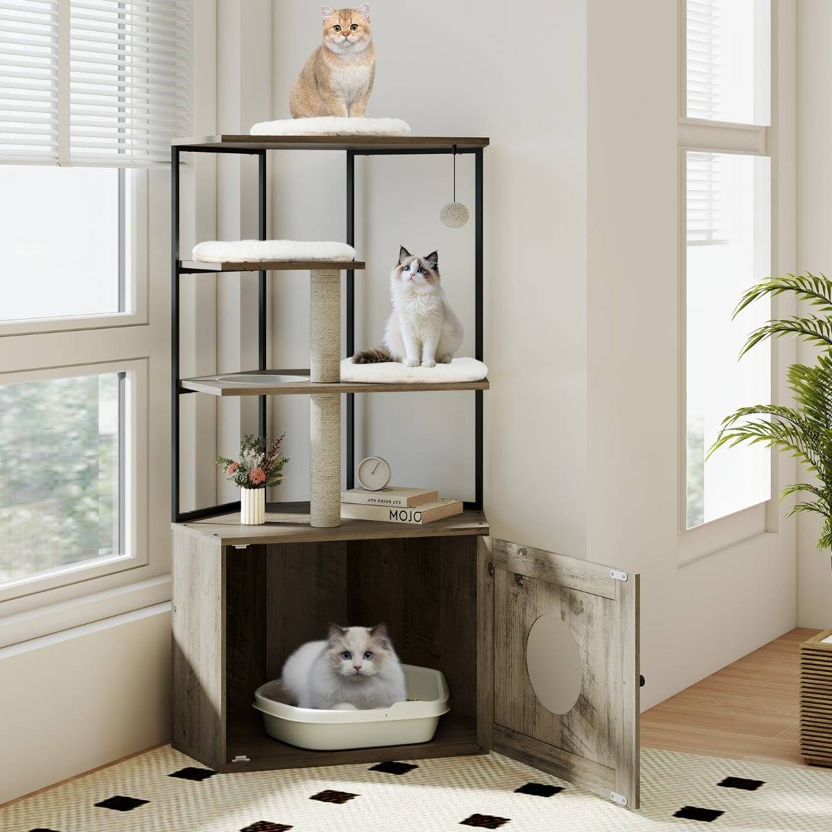 Arbre à Chat avec Enclos pour Litière Meuble Moderne pour Chat avec 2 Poteaux à Gratter et 3 Tapis - Image 2