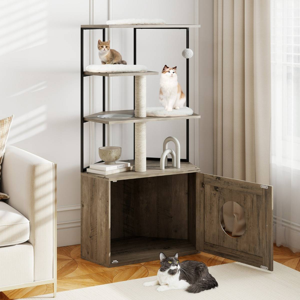 Arbre à Chat avec Enclos pour Litière Meuble Moderne pour Chat avec 2 Poteaux à Gratter et 3 Tapis - Image 4