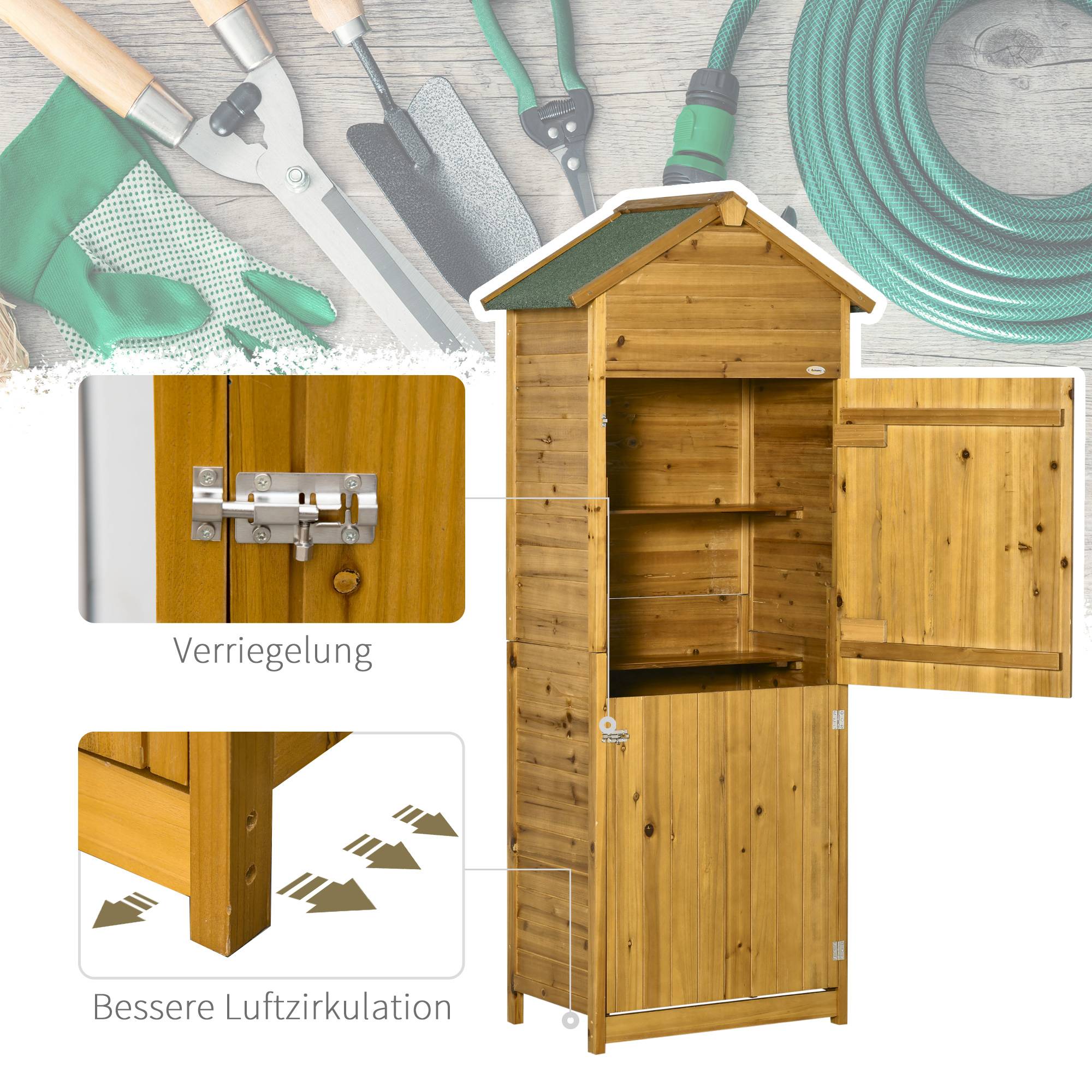 Armoire outils, abri jardin, 2 étagères, 2 portes, résistant, bois naturel, 79x49x190 cm - Image 9