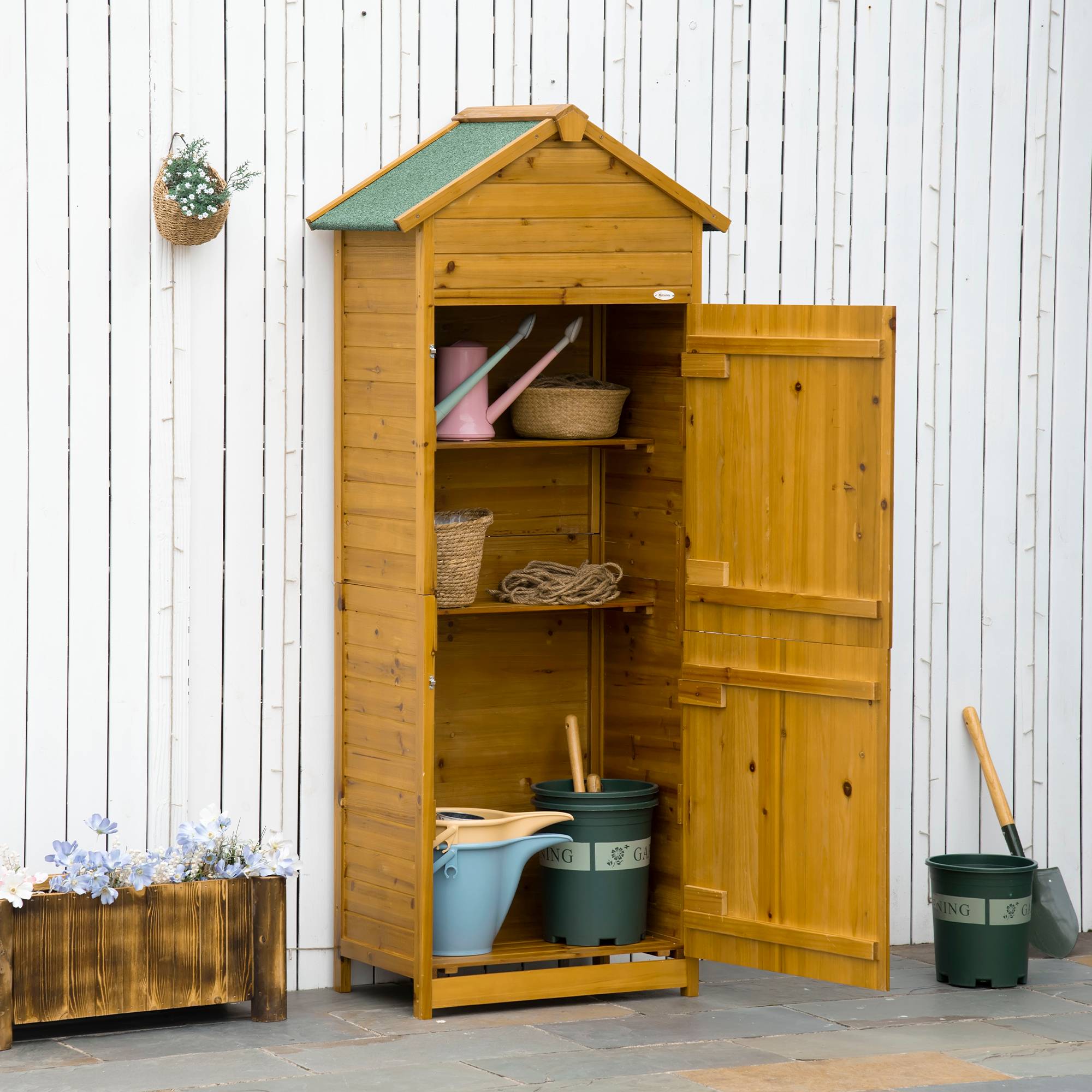 Armoire outils, abri jardin, 2 étagères, 2 portes, résistant, bois naturel, 79x49x190 cm - Image 3
