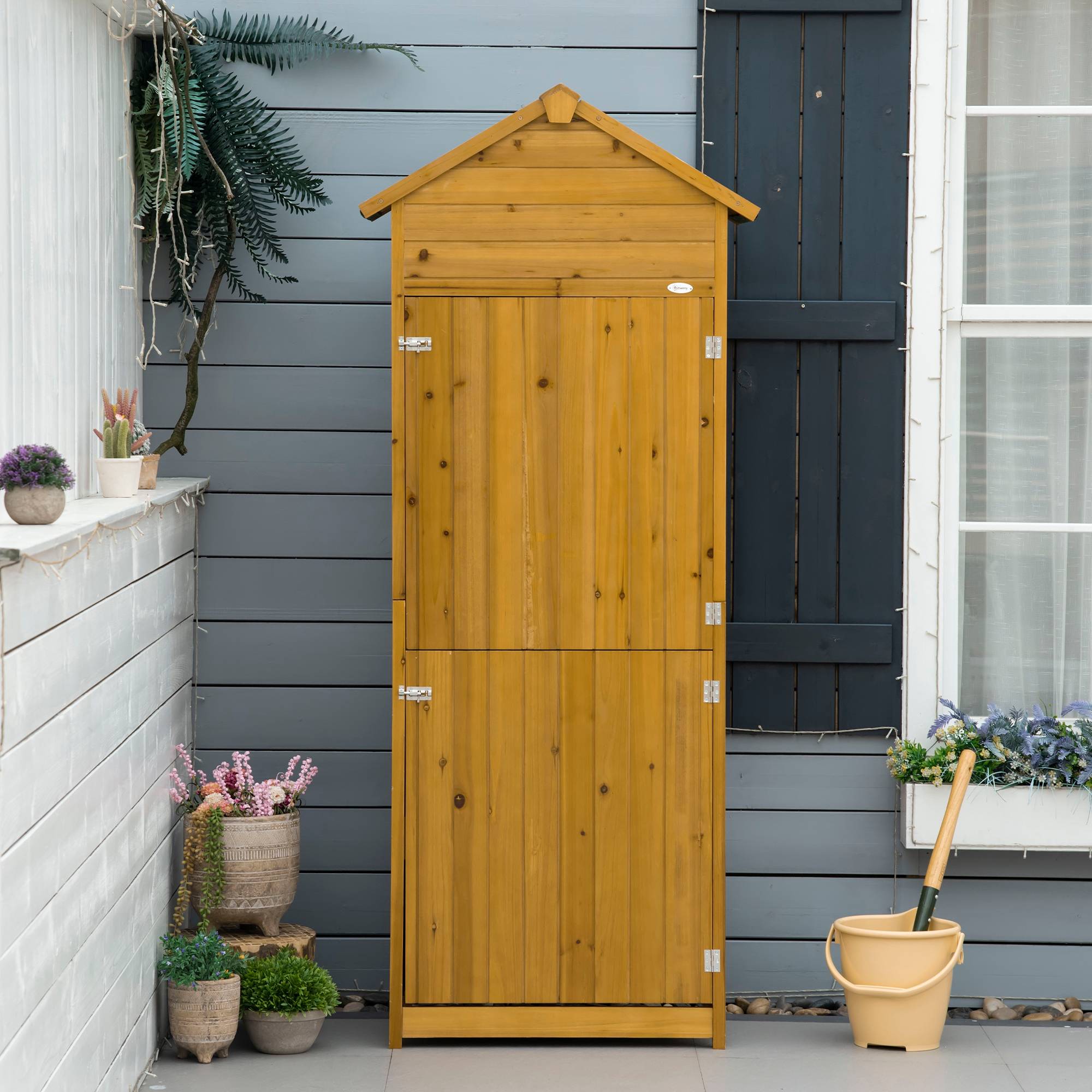 Armoire outils, abri jardin, 2 étagères, 2 portes, résistant, bois naturel, 79x49x190 cm - Image 4