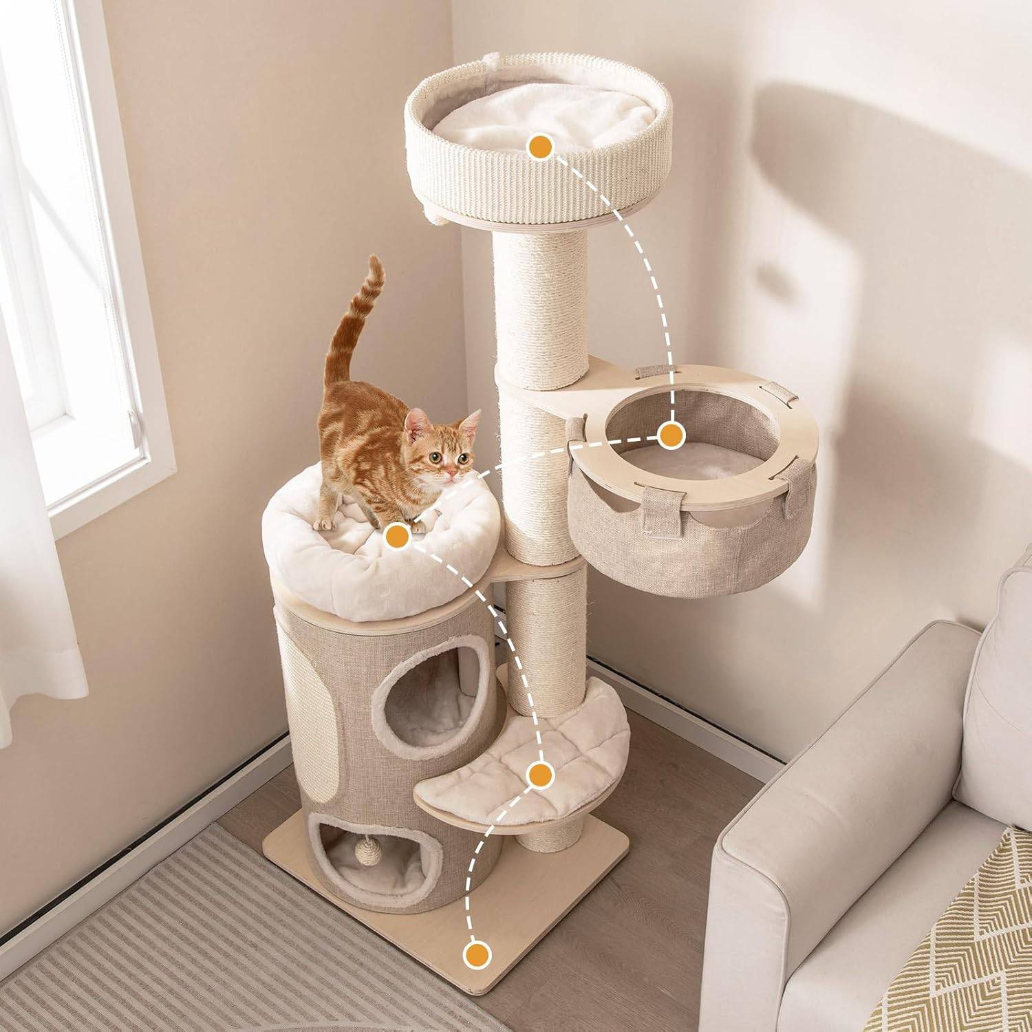 COSTWAY Arbre à Chat 154 cm, Tour Chat Griffoir, Poteaux à Griffer 14 cm, Tour pour Chat Interieur avec 2 Plateformes, 2 Pompons Suspendus=, Naturel - Image 9