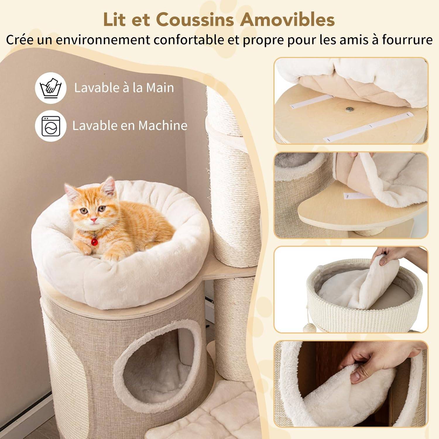 COSTWAY Arbre à Chat 154 cm, Tour Chat Griffoir, Poteaux à Griffer 14 cm, Tour pour Chat Interieur avec 2 Plateformes, 2 Pompons Suspendus=, Naturel - Image 8