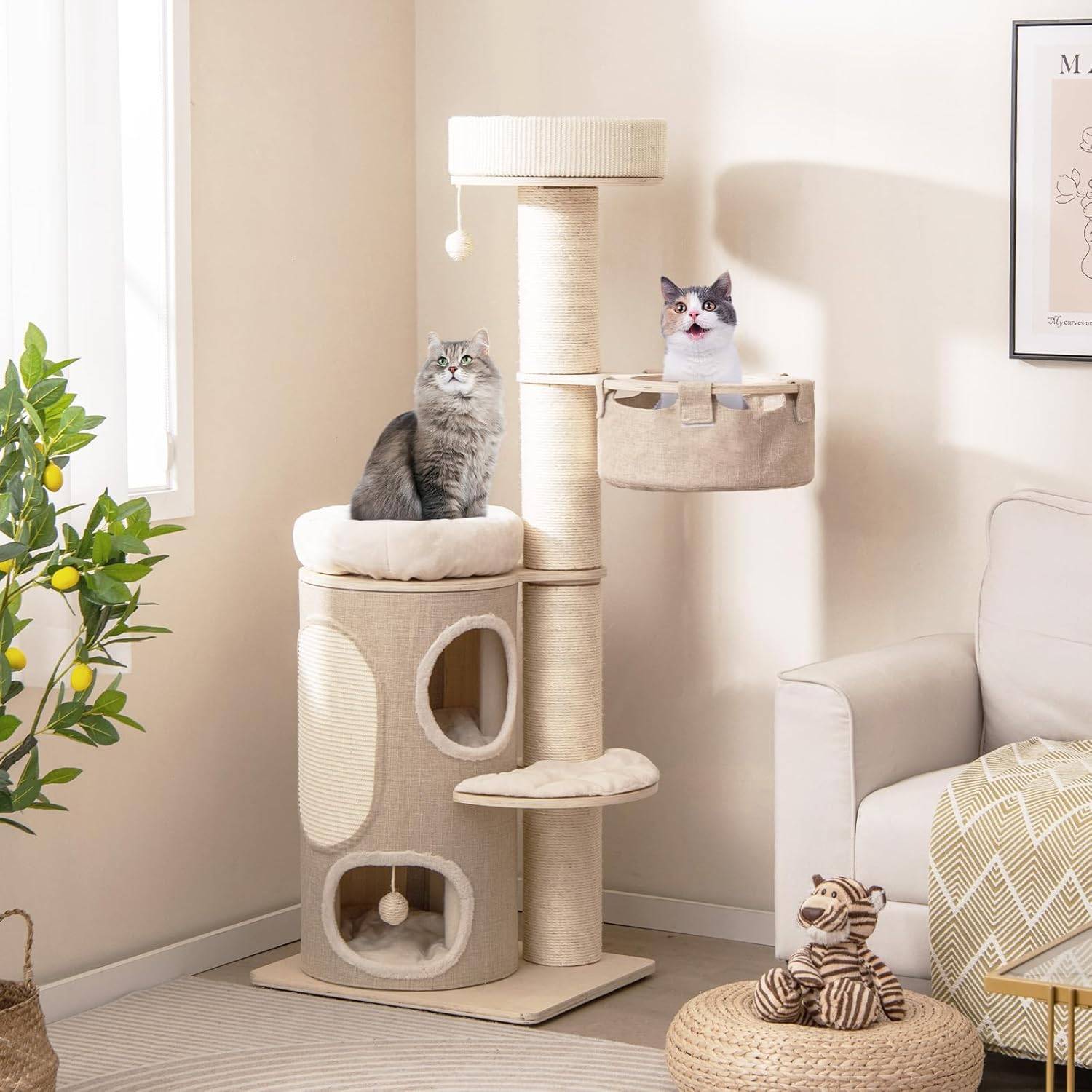 COSTWAY Arbre à Chat 154 cm, Tour Chat Griffoir, Poteaux à Griffer 14 cm, Tour pour Chat Interieur avec 2 Plateformes, 2 Pompons Suspendus=, Naturel - Image 2