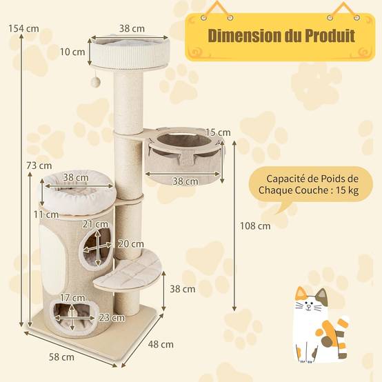 COSTWAY Arbre à Chat 154 cm, Tour Chat Griffoir, Poteaux à Griffer 14 cm, Tour pour Chat Interieur avec 2 Plateformes, 2 Pompons Suspendus=, Naturel - Image 3