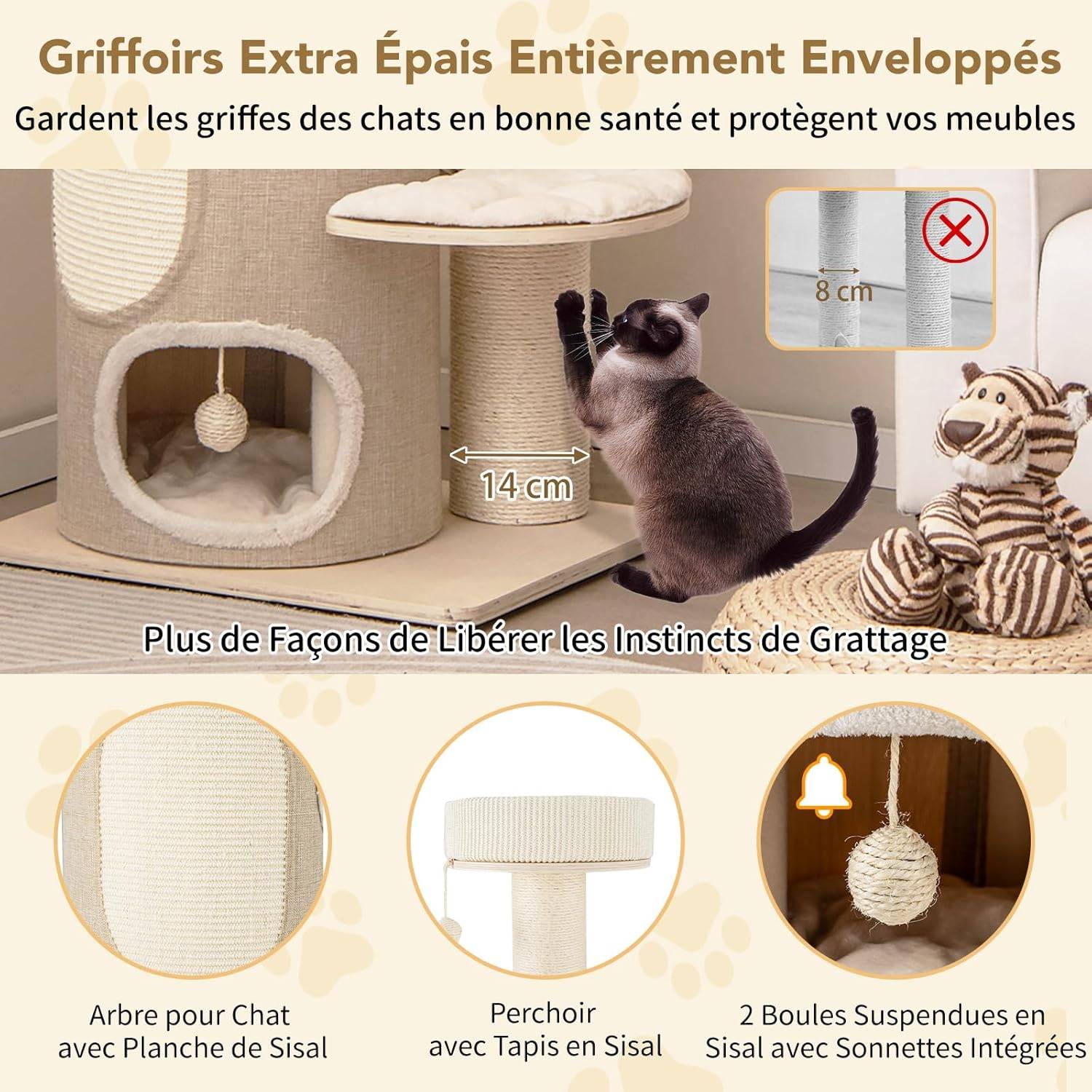 COSTWAY Arbre à Chat 154 cm, Tour Chat Griffoir, Poteaux à Griffer 14 cm, Tour pour Chat Interieur avec 2 Plateformes, 2 Pompons Suspendus=, Naturel - Image 4