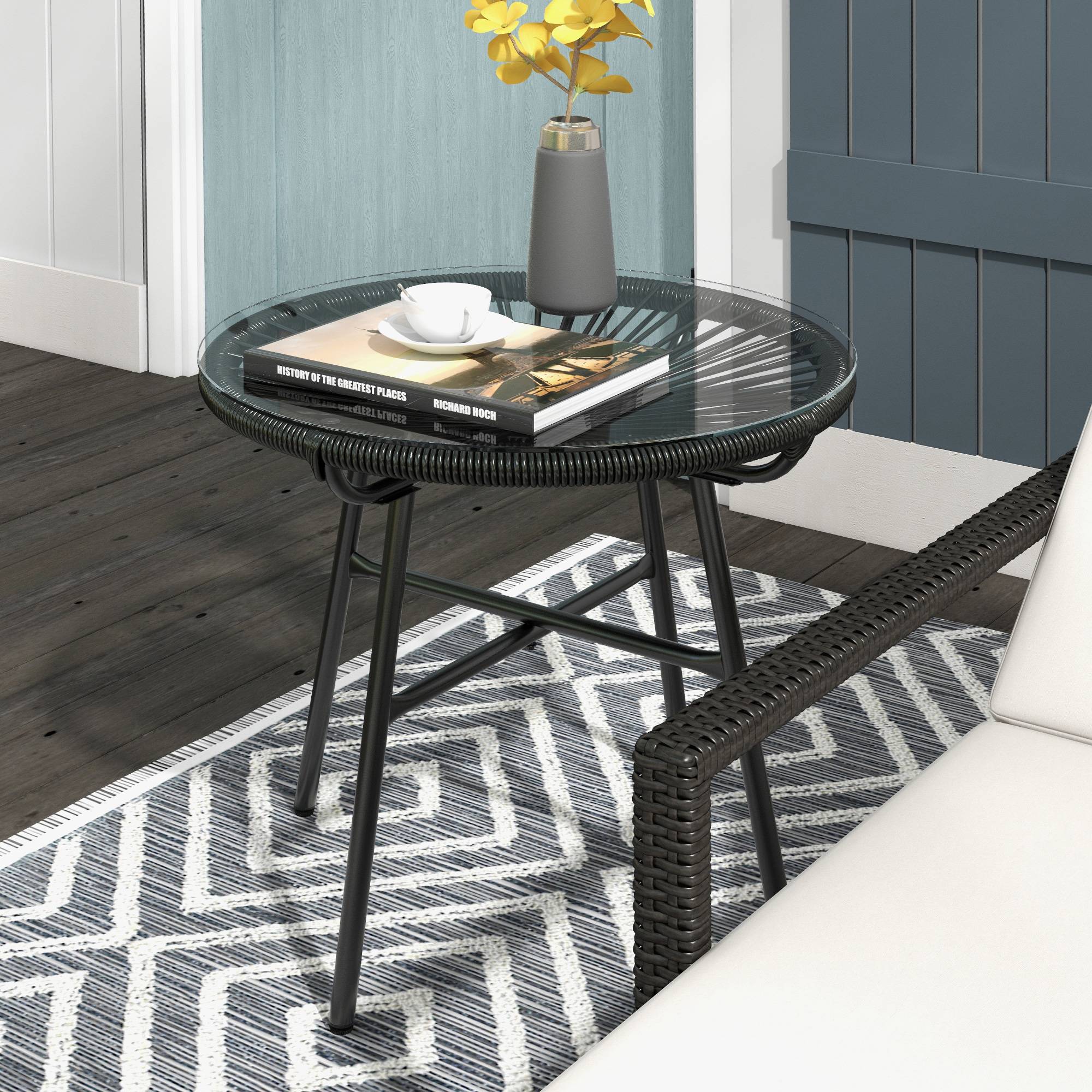 Table basse de jardin résine tressée et verre trempé noir 50 x 50 x 50 cm - PANGIVO - Image 3