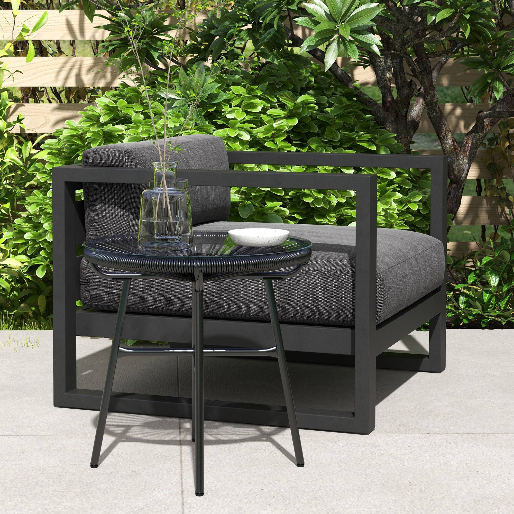 Table basse de jardin résine tressée et verre trempé noir 50 x 50 x 50 cm - PANGIVO - Image 4