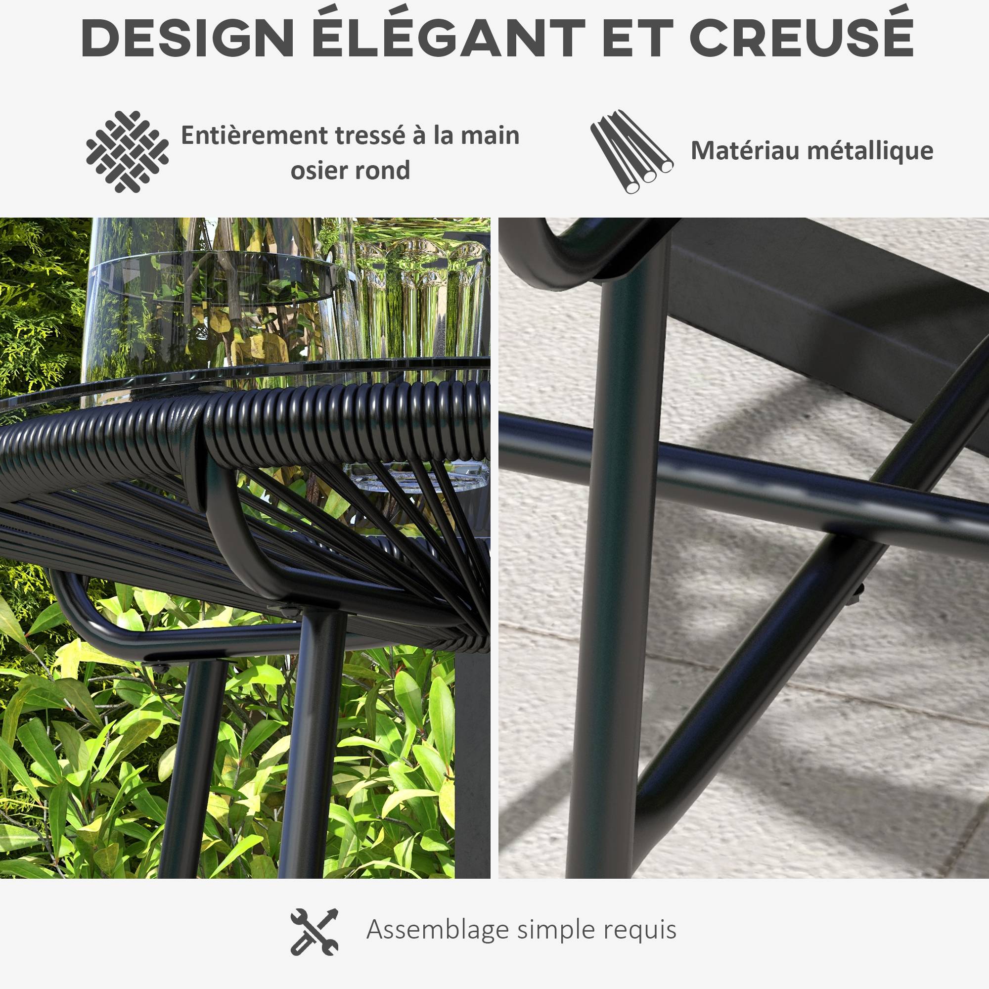 Table basse de jardin résine tressée et verre trempé noir 50 x 50 x 50 cm - PANGIVO - Image 7
