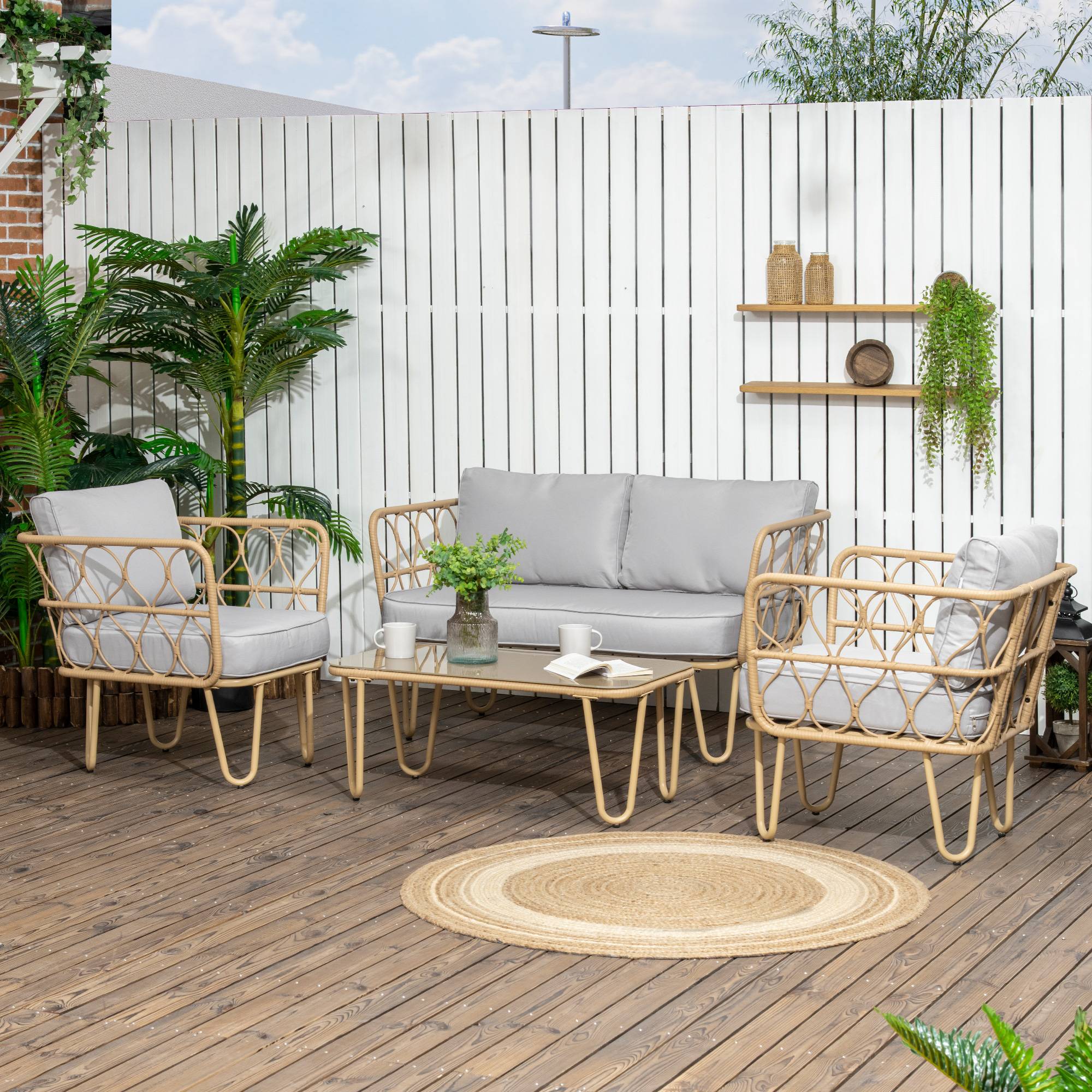 Outsunny - Salon de jardin 4 places 4 pièces style colonial résine tressée aspect rotin coussins gris - Outsunny - Imagen 2