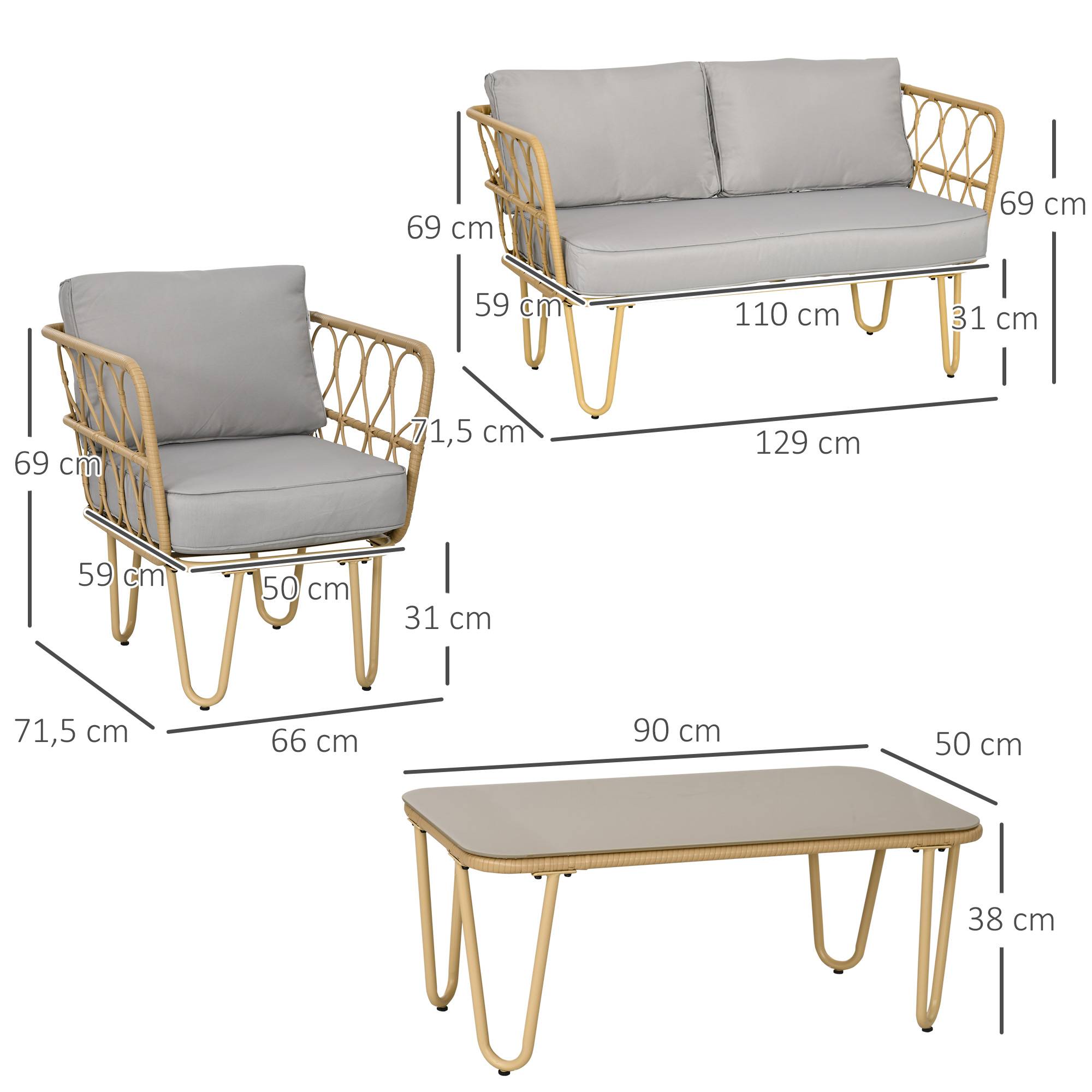 Outsunny - Salon de jardin 4 places 4 pièces style colonial résine tressée aspect rotin coussins gris - Outsunny - Imagen 3