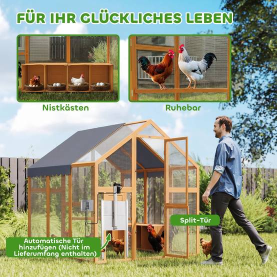 Poulailler de 3,07 m² avec enclos en bois recouvert de tissu imperméable et verrou de sécurité, pour 6 à 8 poules. Dimensions : 1,7 x 1,8 x 1,8 m. - Image 10