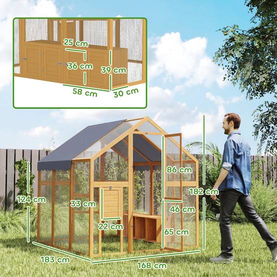 Poulailler de 3,07 m² avec enclos en bois recouvert de tissu imperméable et verrou de sécurité, pour 6 à 8 poules. Dimensions : 1,7 x 1,8 x 1,8 m. - Image 5