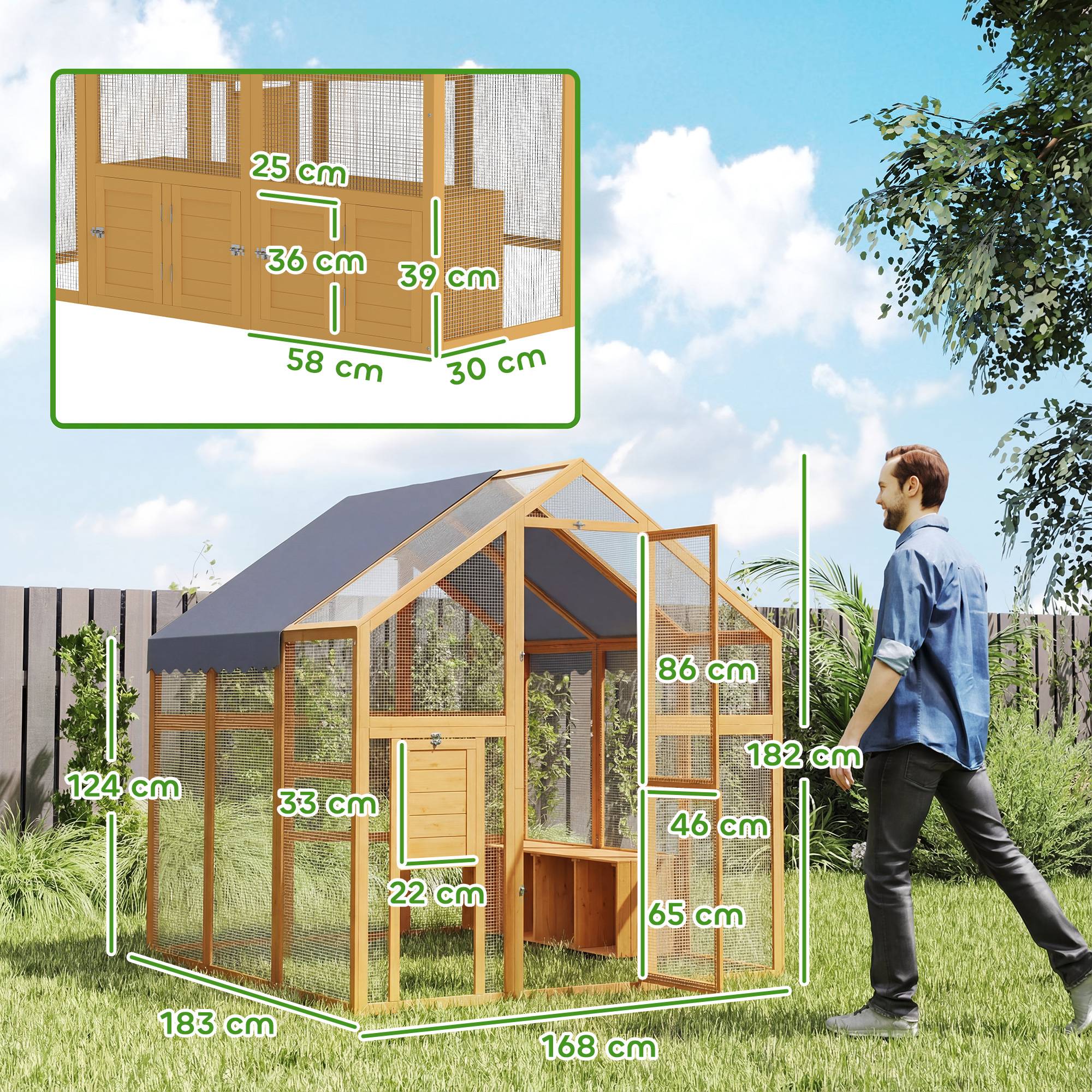 Poulailler de 3,07 m² avec enclos en bois recouvert de tissu imperméable et verrou de sécurité, pour 6 à 8 poules. Dimensions : 1,7 x 1,8 x 1,8 m. - Image 5