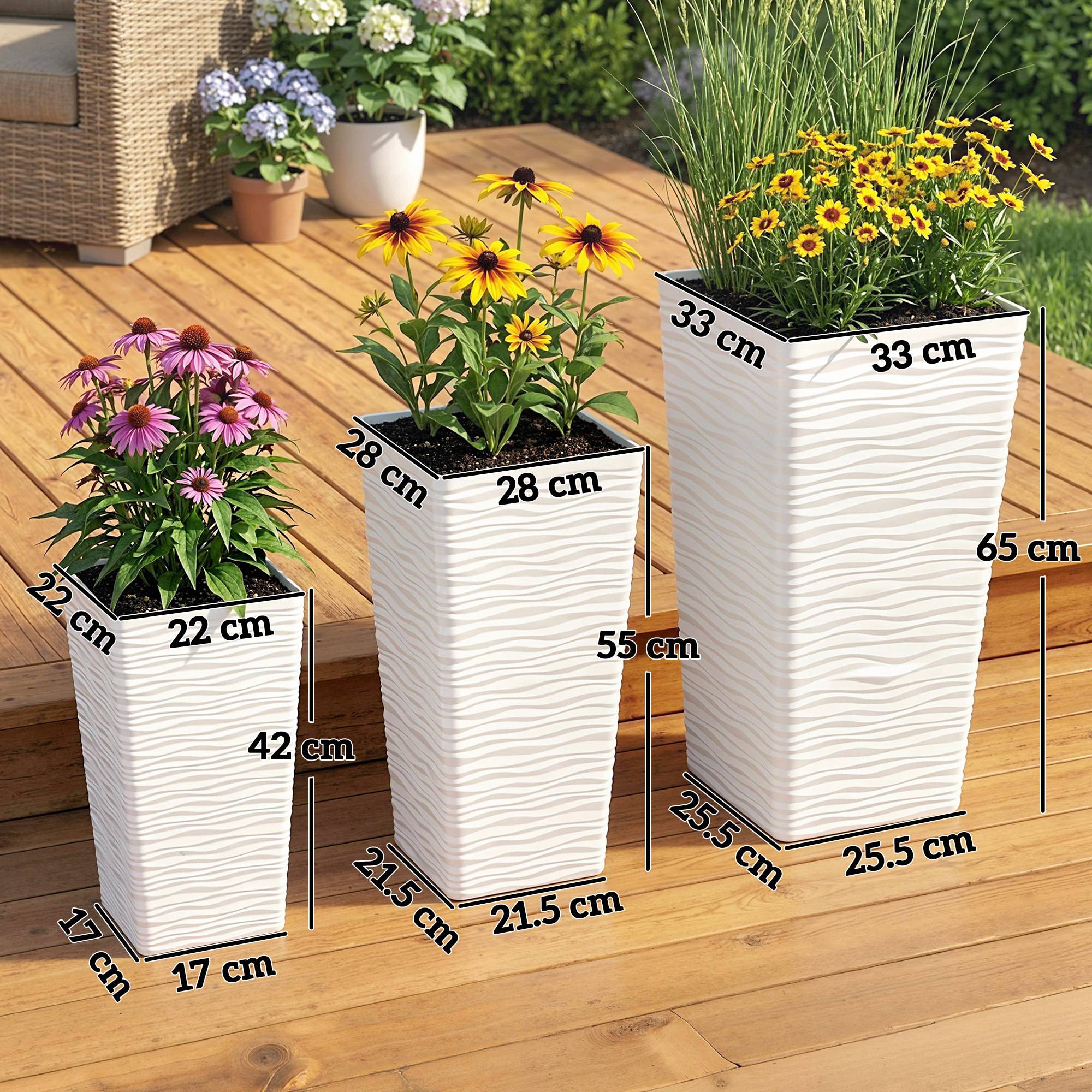 ComfortXL - Lot 3 Pots Fleurs Empilables Plastique Jardin Texture Ondulée Blanc - ComfortXL Outdoor Living - Image 5