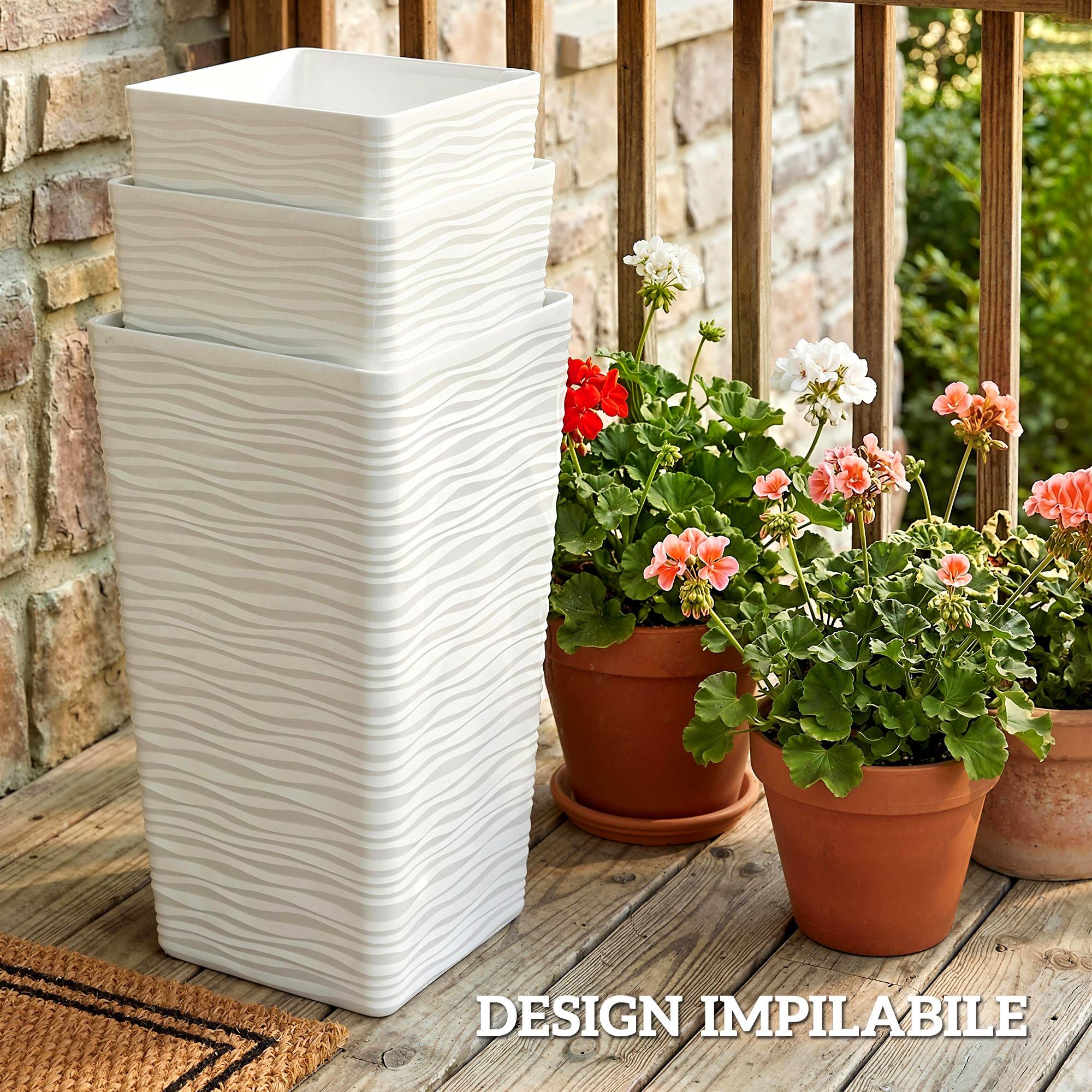 ComfortXL - Lot 3 Pots Fleurs Empilables Plastique Jardin Texture Ondulée Blanc - ComfortXL Outdoor Living - Image 10
