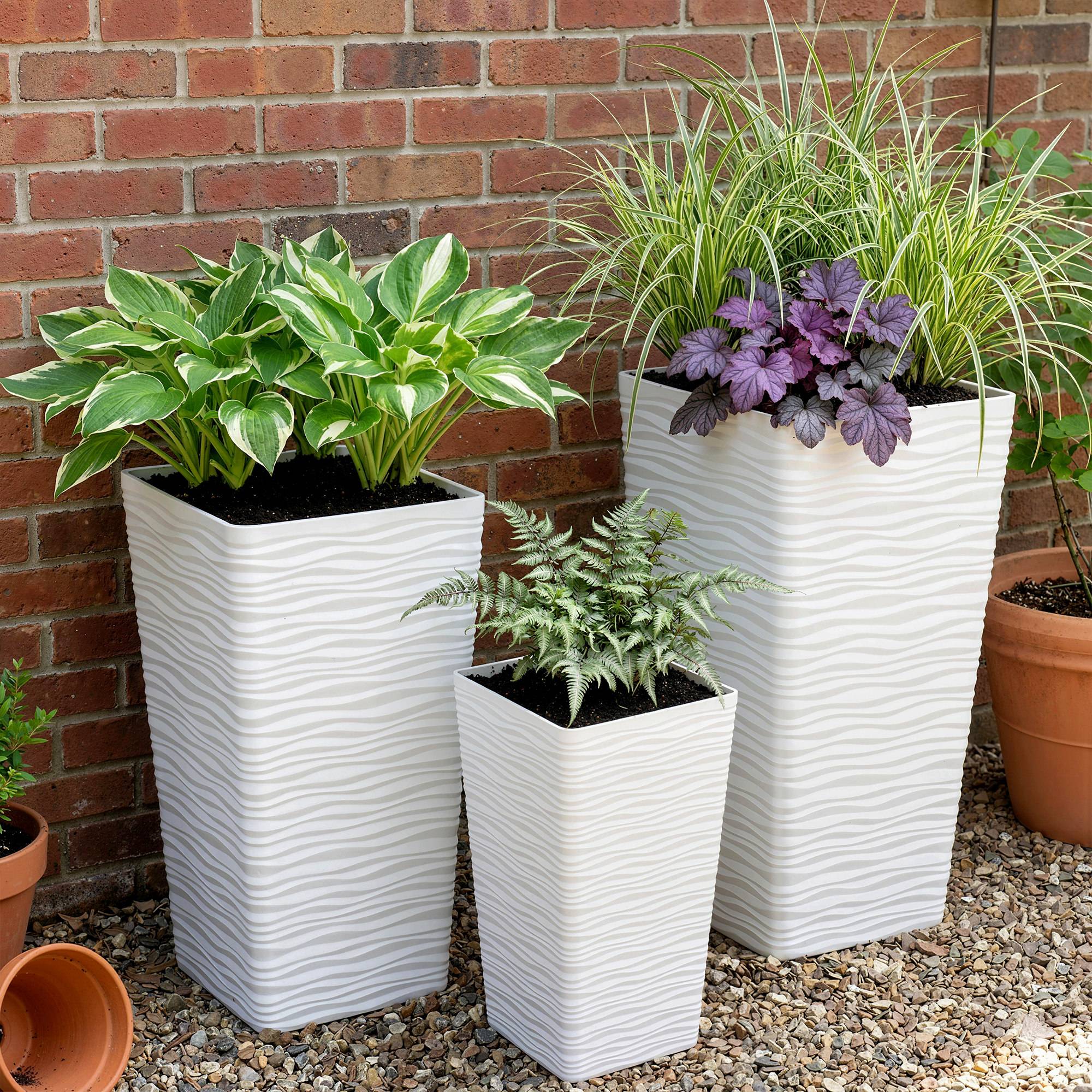 ComfortXL - Lot 3 Pots Fleurs Empilables Plastique Jardin Texture Ondulée Blanc - ComfortXL Outdoor Living - Image 4