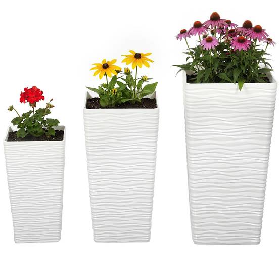 ComfortXL - Lot 3 Pots Fleurs Empilables Plastique Jardin Texture Ondulée Blanc - ComfortXL Outdoor Living - Image 2