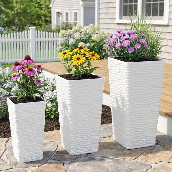 ComfortXL - Lot 3 Pots Fleurs Empilables Plastique Jardin Texture Ondulée Blanc - ComfortXL Outdoor Living - Image 3