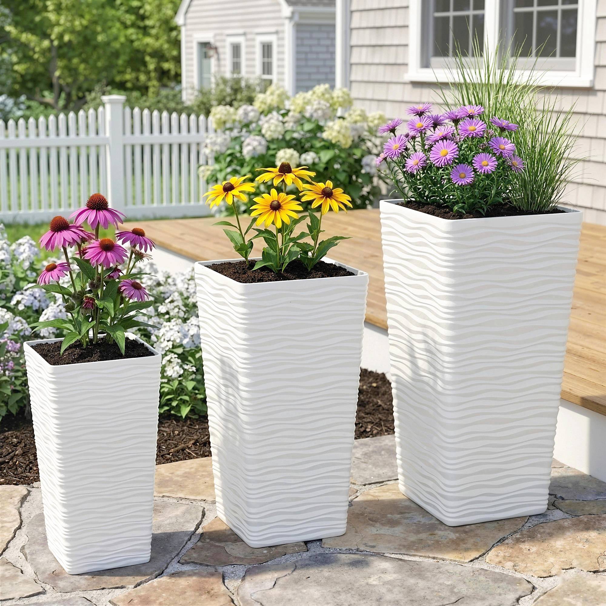 ComfortXL - Lot 3 Pots Fleurs Empilables Plastique Jardin Texture Ondulée Blanc - ComfortXL Outdoor Living - Image 3