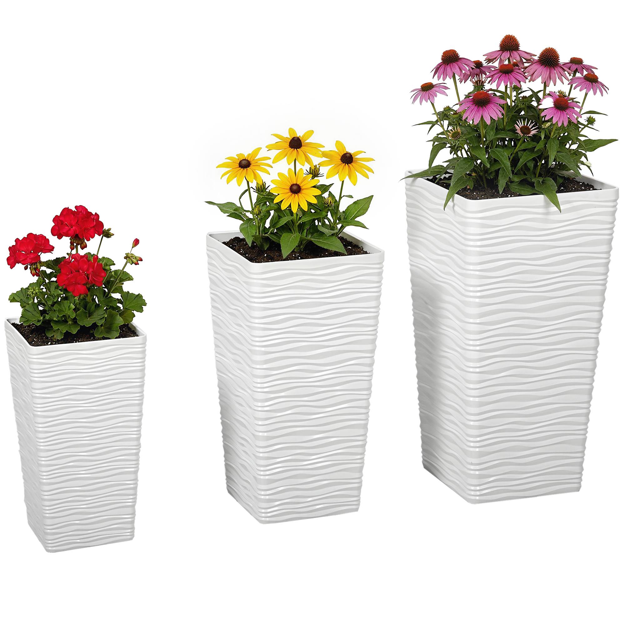 ComfortXL - Lot 3 Pots Fleurs Empilables Plastique Jardin Texture Ondulée Blanc - ComfortXL Outdoor Living - Image 1