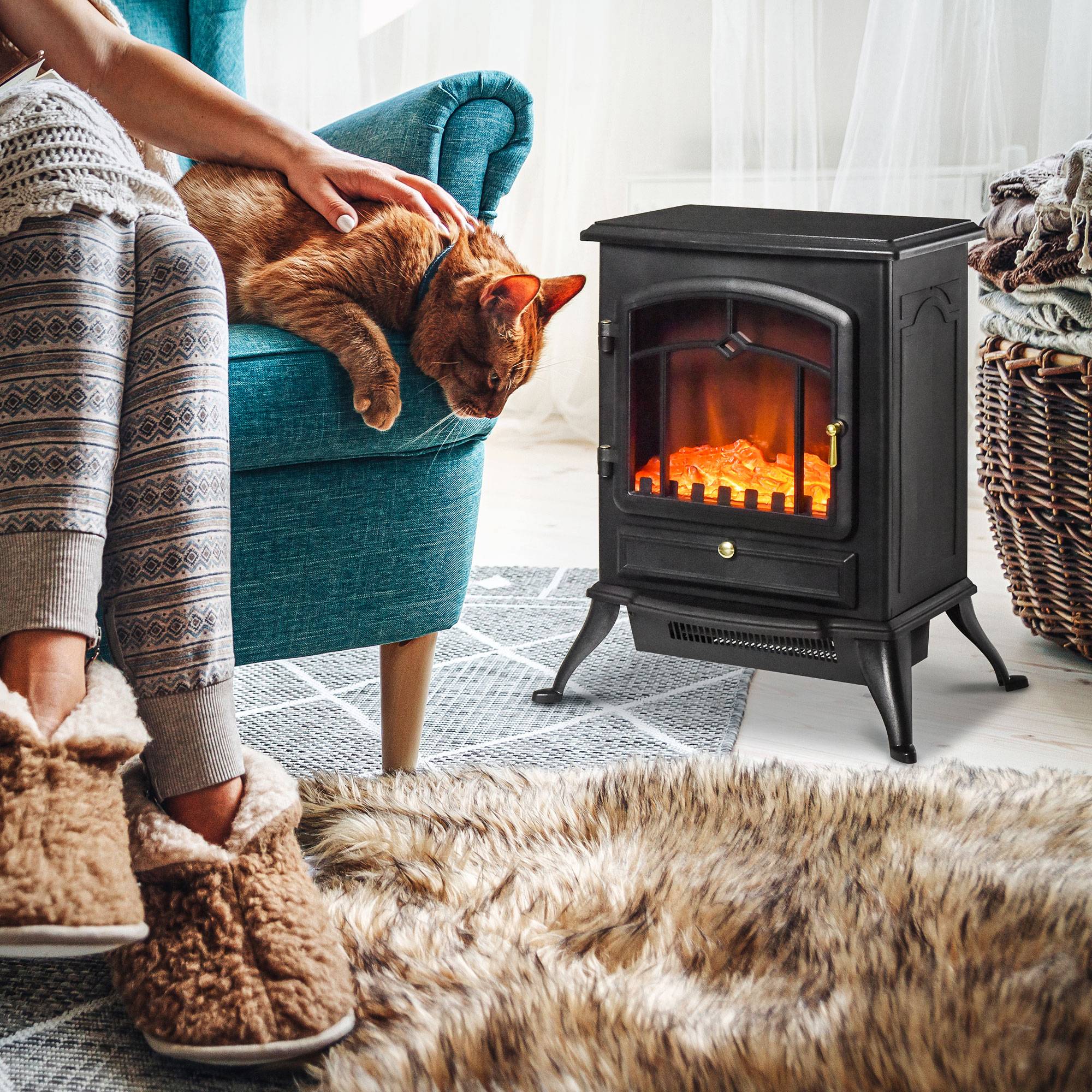 Cheminée décorative avec effet de flamme, thermostat et protection anti-surchauffe 45x28x54 cm noir - Image 3