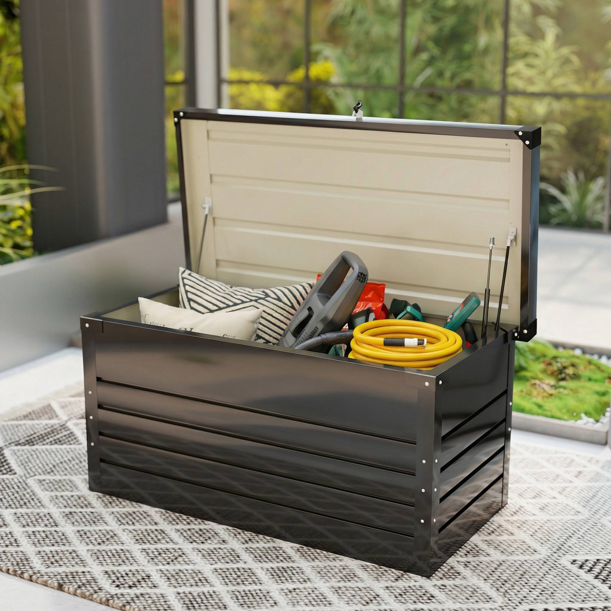 Coffre de rangement métal boîte de jardin 350L double vérins à gaz verrouillable pour coussins outils gris anthracite - Image 4