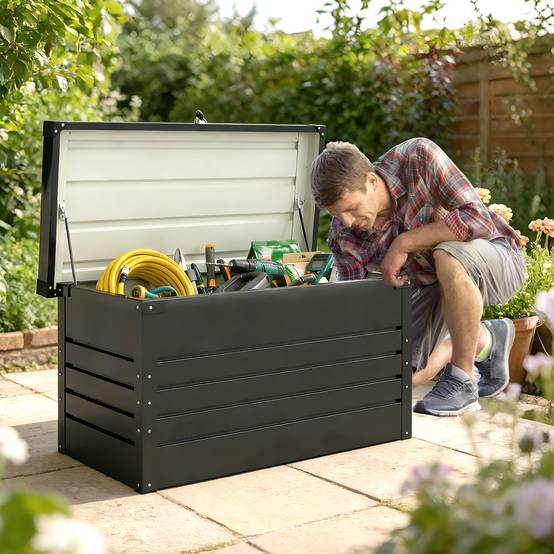 Coffre de rangement métal boîte de jardin 350L double vérins à gaz verrouillable pour coussins outils gris anthracite - Image 3