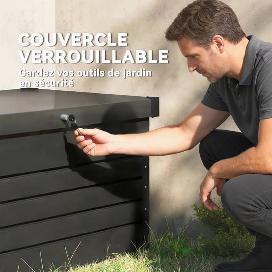 Coffre de rangement métal boîte de jardin 350L double vérins à gaz verrouillable pour coussins outils gris anthracite - Image 8