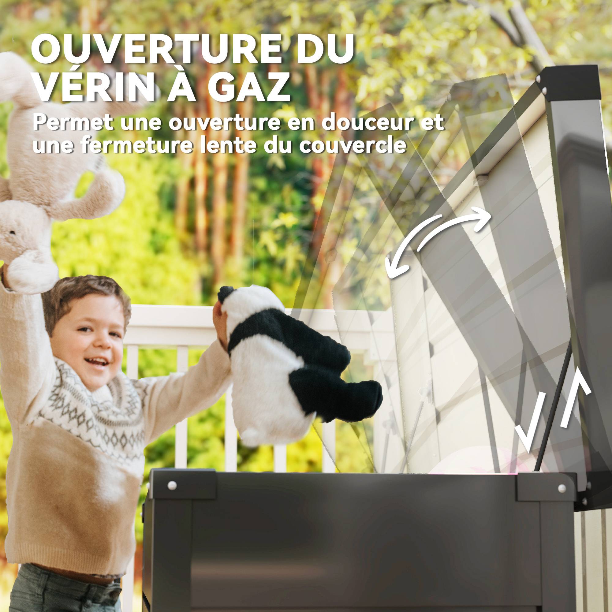 Coffre de rangement métal boîte de jardin 350L double vérins à gaz verrouillable pour coussins outils gris anthracite - Image 7
