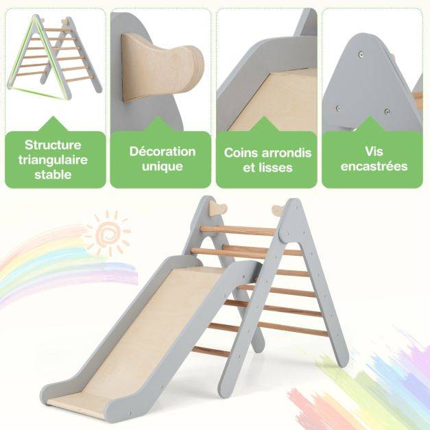 Helloshop26 - Toboggan enfant 2 en 1 avec triangle d'escalade en bois massif pente de toboggan réglable pour 1 an + charge 60 kg naturel - Imagen 2