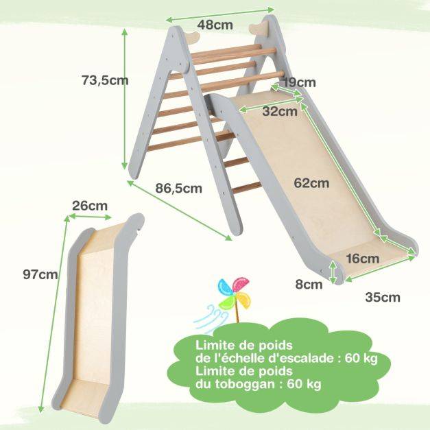 Helloshop26 - Toboggan enfant 2 en 1 avec triangle d'escalade en bois massif pente de toboggan réglable pour 1 an + charge 60 kg naturel - Imagen 5
