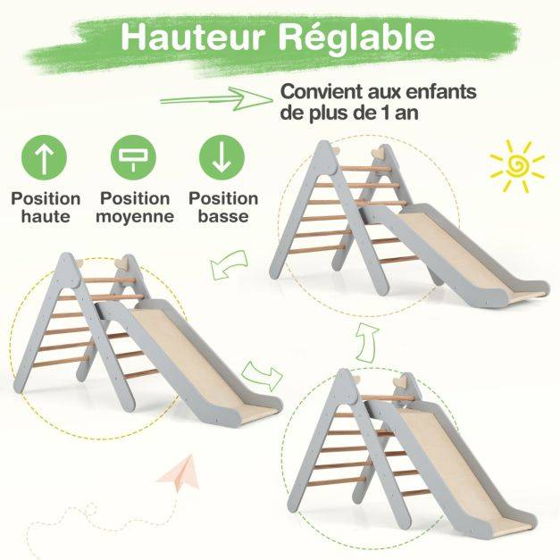 Helloshop26 - Toboggan enfant 2 en 1 avec triangle d'escalade en bois massif pente de toboggan réglable pour 1 an + charge 60 kg naturel - Imagen 3