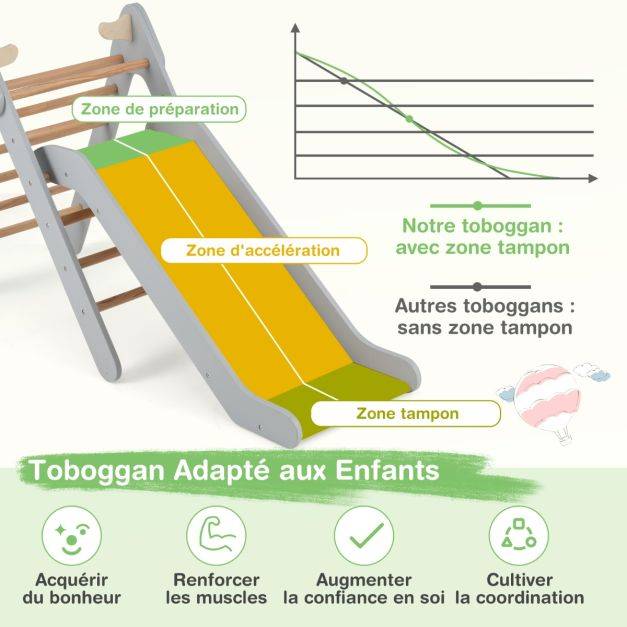 Helloshop26 - Toboggan enfant 2 en 1 avec triangle d'escalade en bois massif pente de toboggan réglable pour 1 an + charge 60 kg naturel - Imagen 4