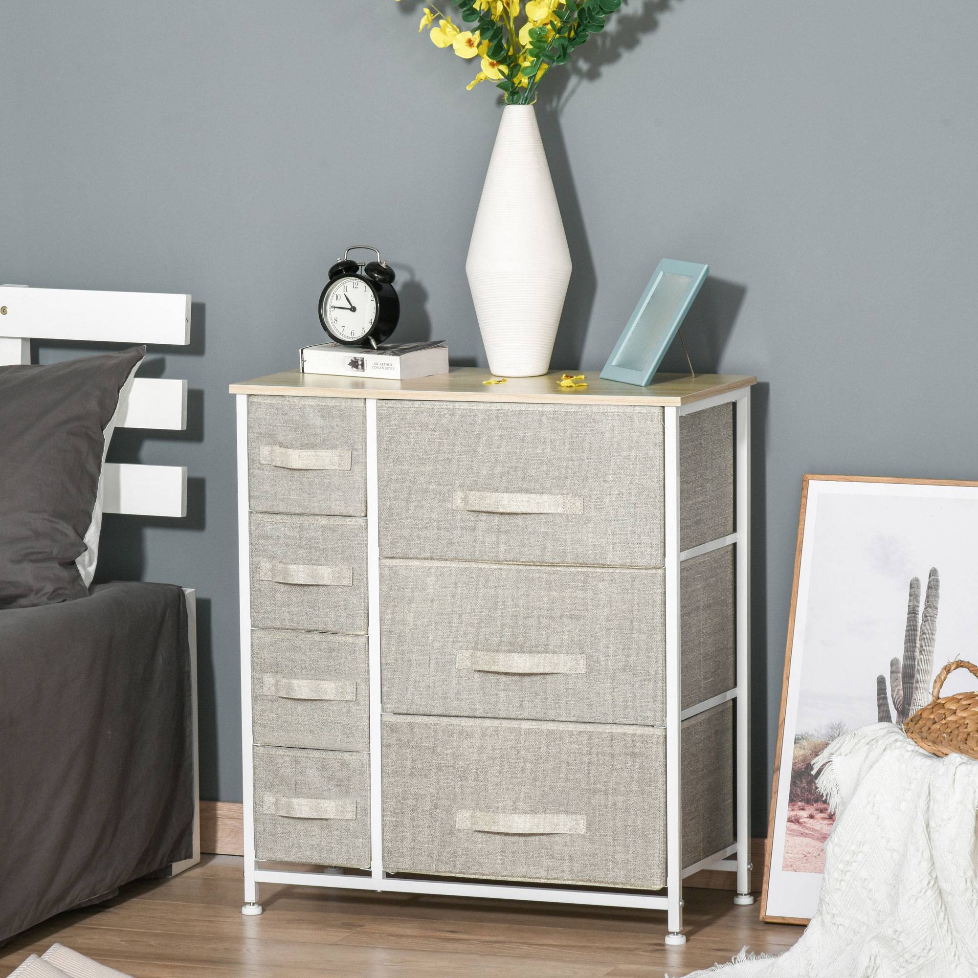 Commode grise tissu 7 tiroirs multifonction, meuble rangement chambre dressing bureau 63,5x30x71 cm moderne - Image 4