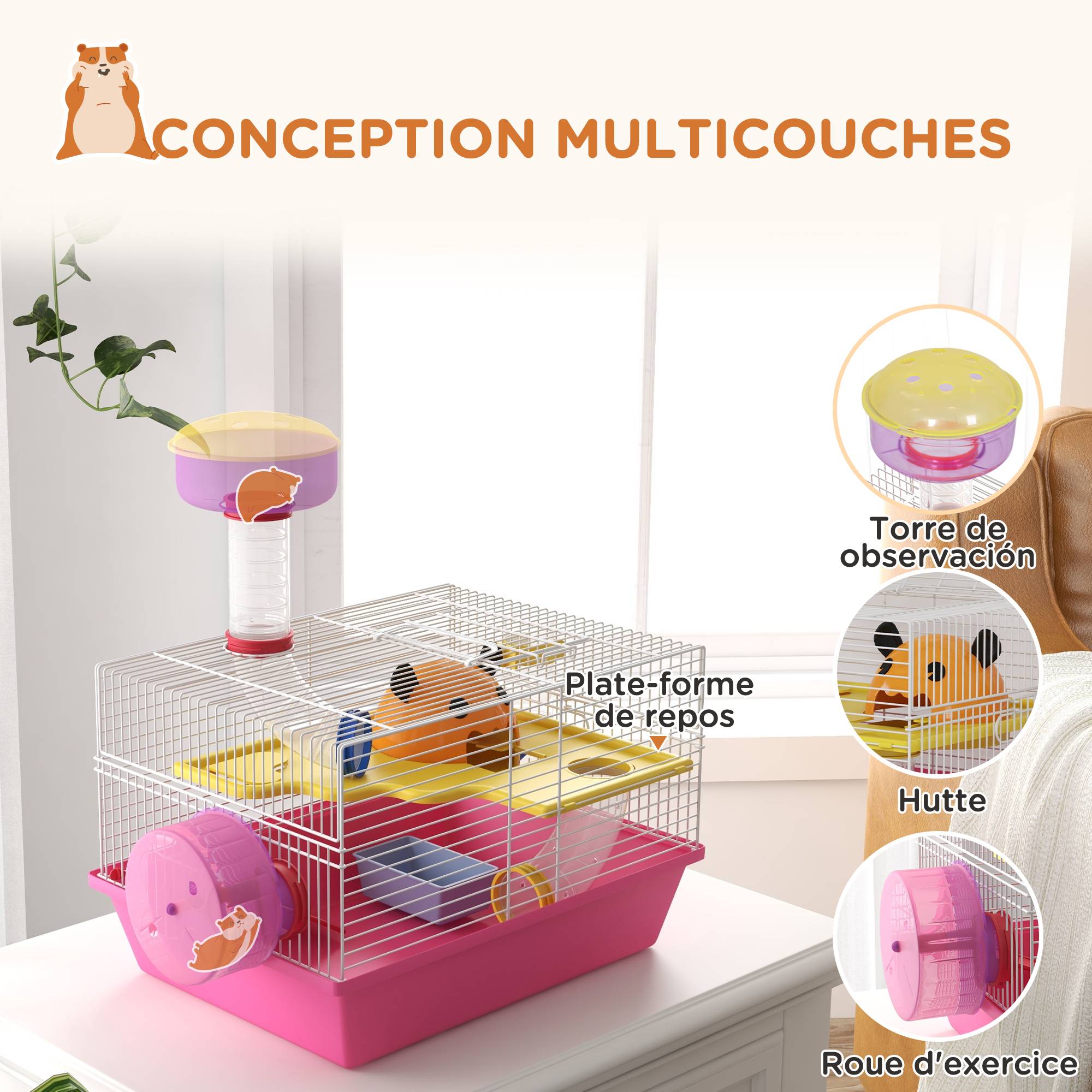Cage hamster acier pour petits rongeurs multi-équipements avec roue 34x27x25cm rose - ComfortXL Outdoor Living - Image 7