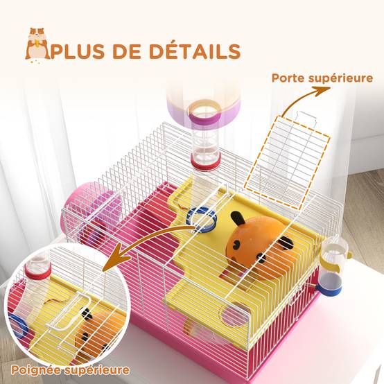 Cage hamster acier pour petits rongeurs multi-équipements avec roue 34x27x25cm rose - ComfortXL Outdoor Living - Image 10