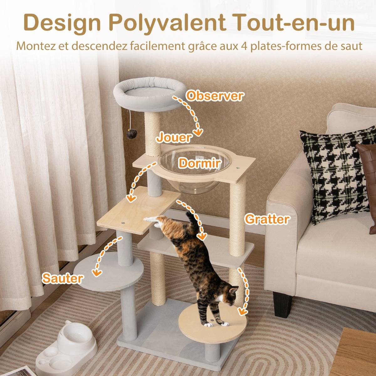 Arbre à Chat Moderne Tour pour Chat Multi-Niveaux de 113cm Perchoir Supérieur Rembourré Amovible - Image 7