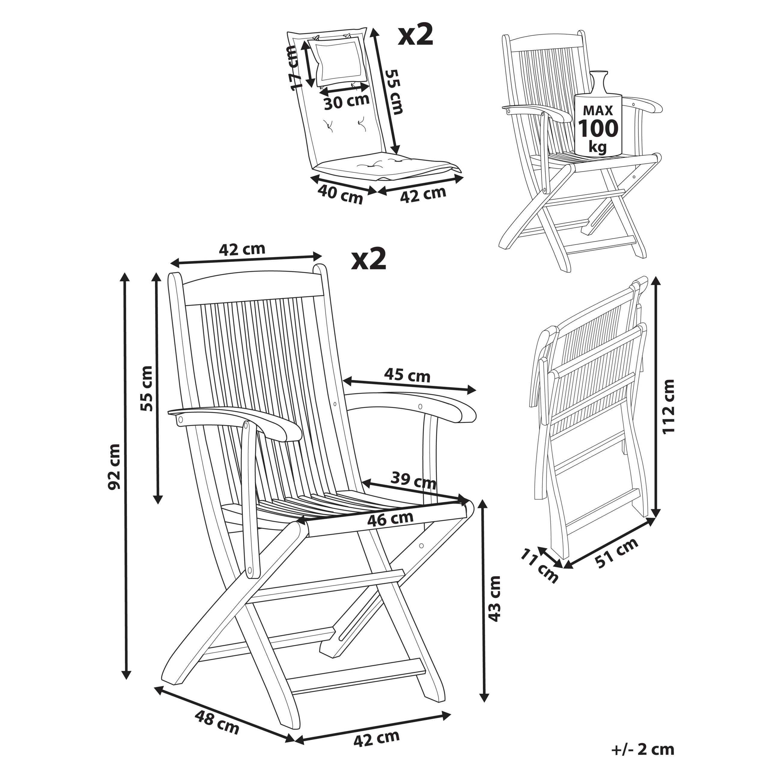 Beliani - Lot de 2 Chaises de Jardin en Bois avec Coussins Rayés Bleu Pliantes Salle à Manger Extérieur Style Rustique - Imagen 3