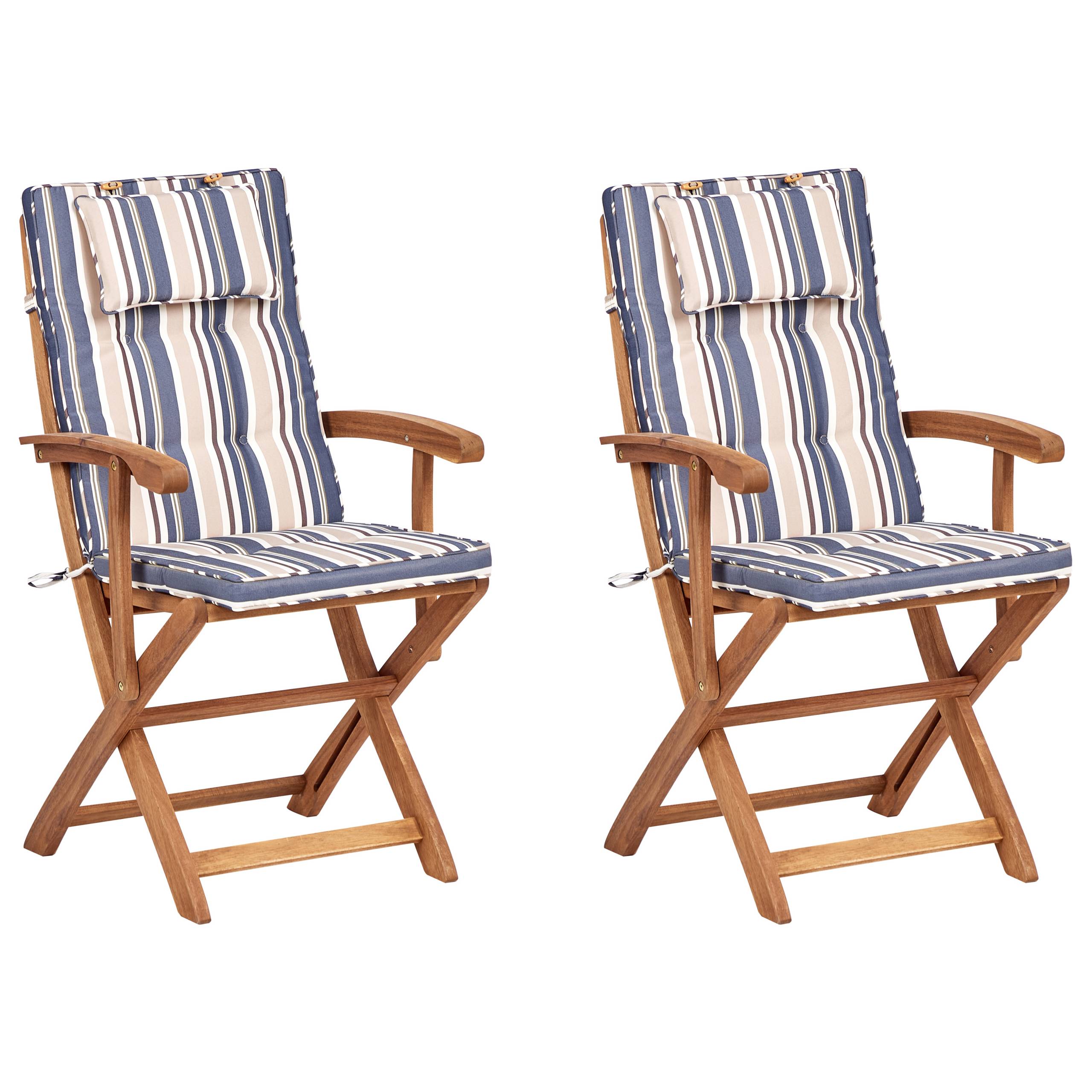 Beliani - Lot de 2 Chaises de Jardin en Bois avec Coussins Rayés Bleu Pliantes Salle à Manger Extérieur Style Rustique - Imagen 1