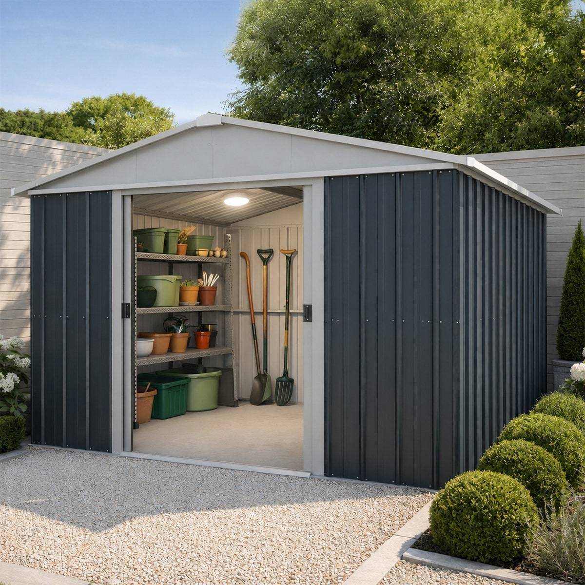 Yardmaster - Abri de jardin métal anthracite Yardmaster 11,03 m² + kit d'ancrage + lampe magnétique